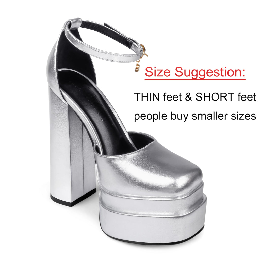 MERUMOTE Womens Sexy High Heels Platforms Pumps Square Toe Chunky Block Heels Rhinestone Party Shoes Silver PU