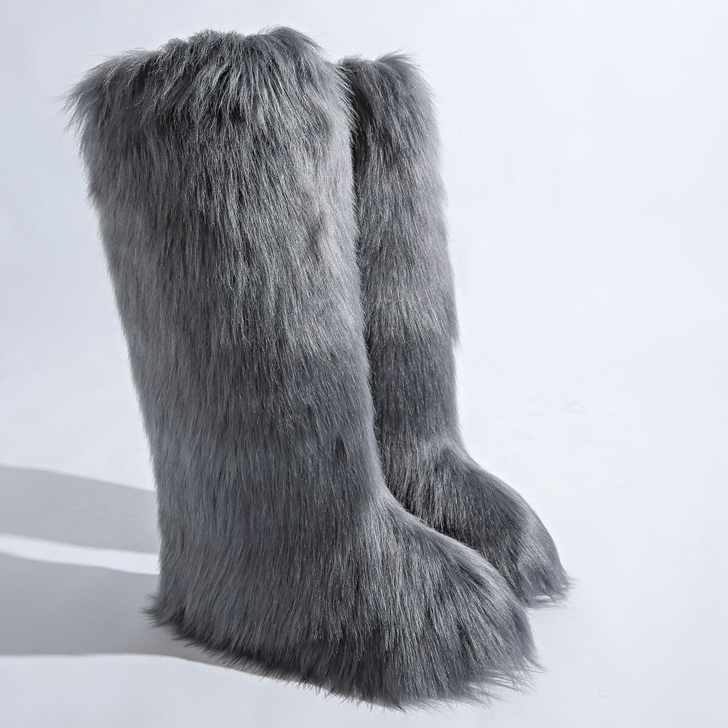 Valpeak Womens Faux Fur Boot Winter Fluffy Long Furry Boots for Girls Outdoor Fuzzy Knee-High Boots(Dark Grey