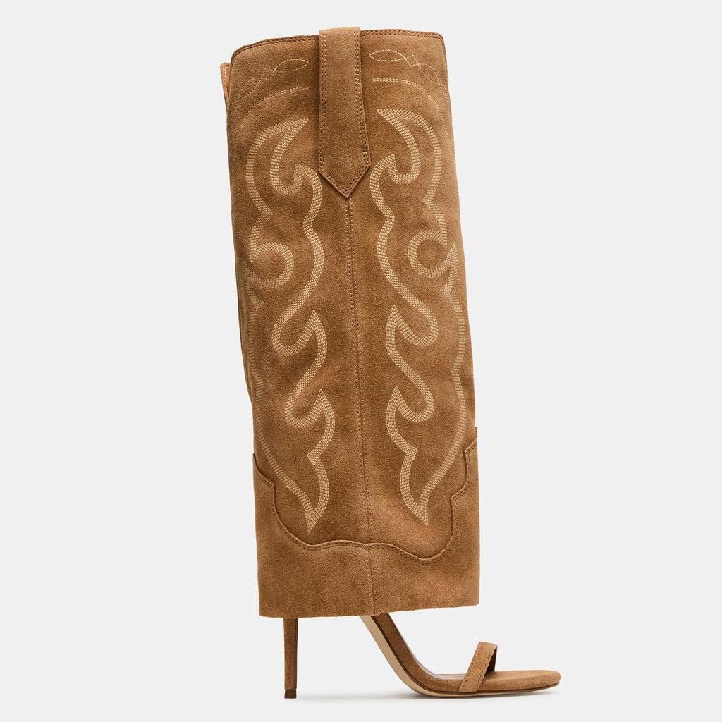 Yishaweiqi Embroidered Camel Suede Knee High Heels for Women Round Open Toe Stiletto Heels Pull On Wide Calf Sandals