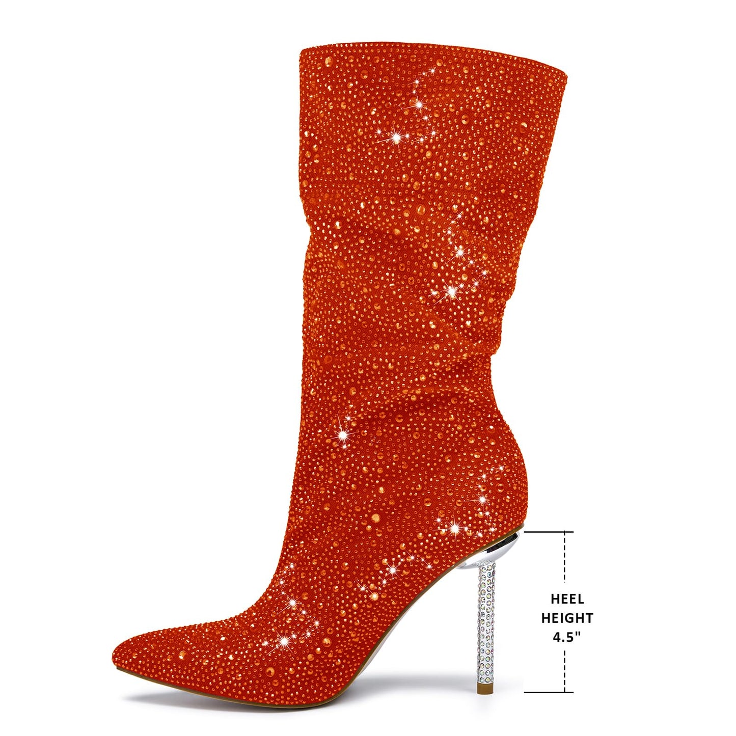 Women's Orange Denim Mid Calf Boots sparkly Rhinestone Stiletto Heel Boots Western Wide Calf Short Cowboy Boots Sexy Pointed Toe dress Party Boots