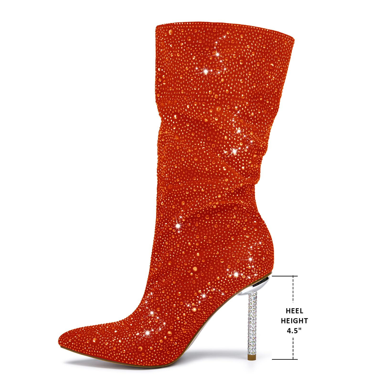 Women's Orange Denim Mid Calf Boots sparkly Rhinestone Stiletto Heel Boots Western Wide Calf Short Cowboy Boots Sexy Pointed Toe dress Party Boots
