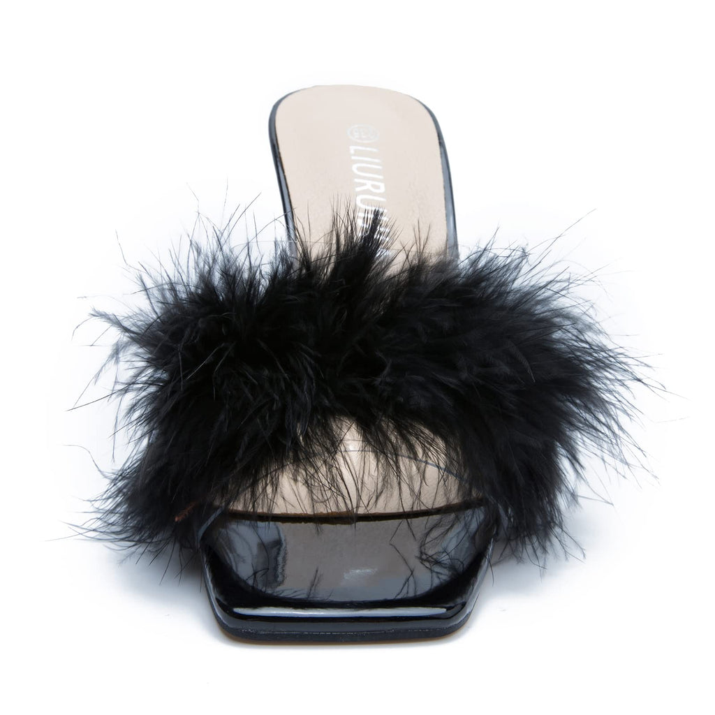 LIURUIJIA Feather High Heel Mules Sandals for Women Slip On Square Toe Clear Tapered Chunky Heels Fuzzy Fluffy Bridal Wedding Party Sexy Shoes Black