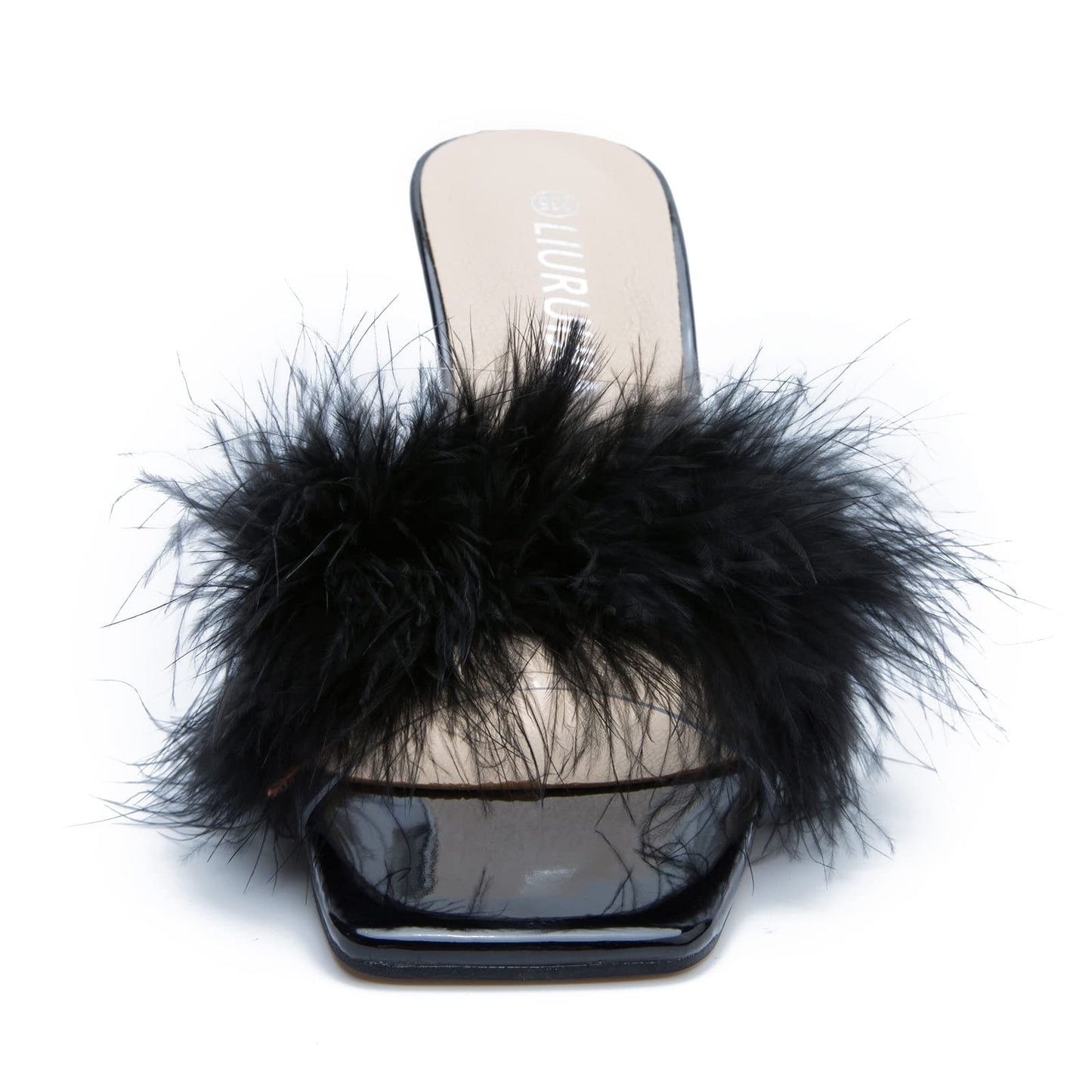 LIURUIJIA Feather High Heel Mules Sandals for Women Slip On Square Toe Clear Tapered Chunky Heels Fuzzy Fluffy Bridal Wedding Party Sexy Shoes Black 39 US 7.5