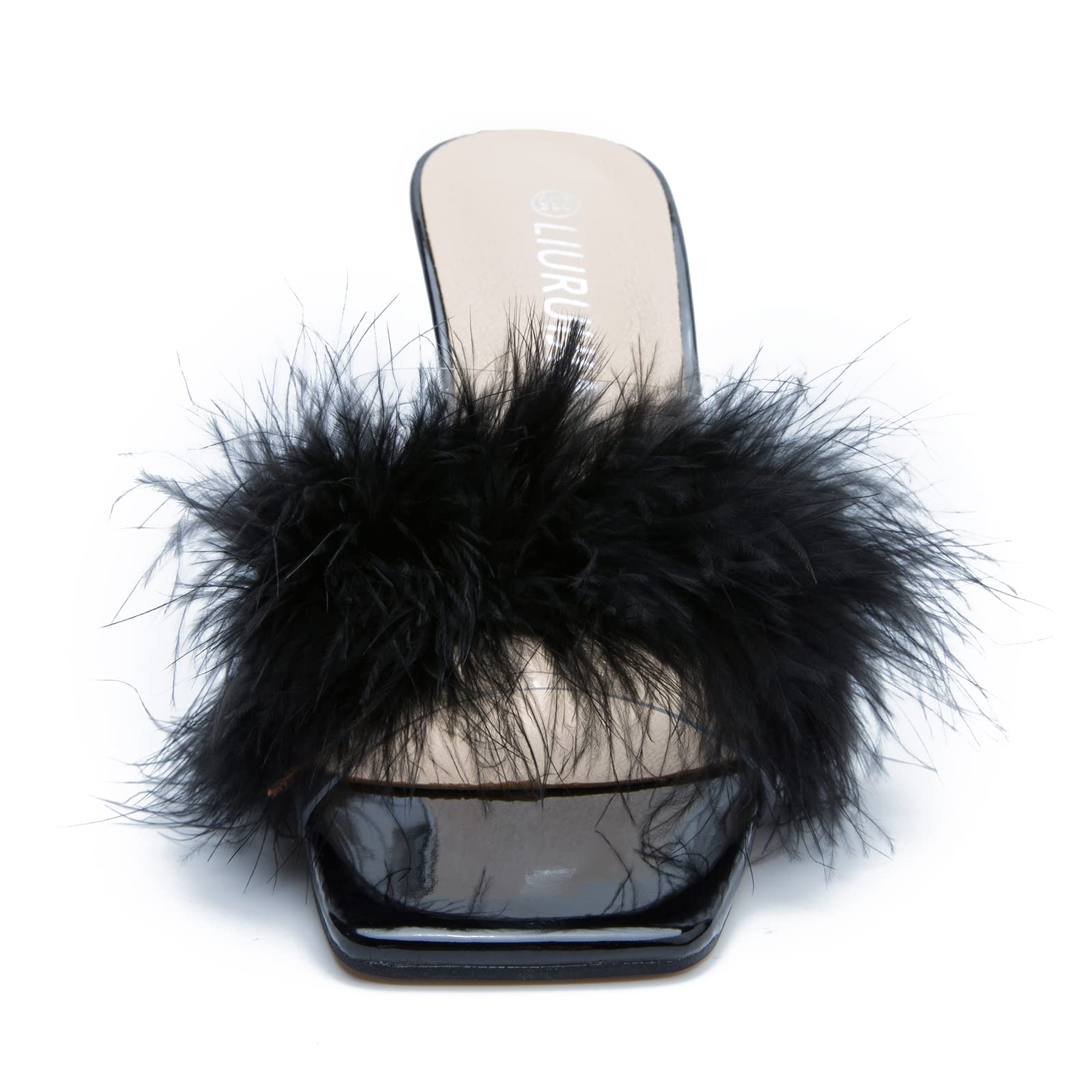 LIURUIJIA Feather High Heel Mules Sandals for Women Slip On Square Toe Clear Tapered Chunky Heels Fuzzy Fluffy Bridal Wedding Party Sexy Shoes Black