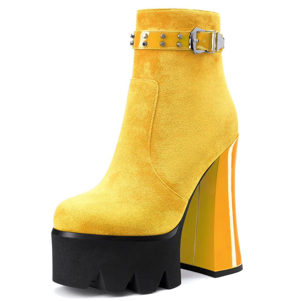 Aachcol Women Platform Ankle Boots Short Bootie Round Close Toe Chunky Block High Heel Suede Zipper Rivets Yellow 5.5 Inch