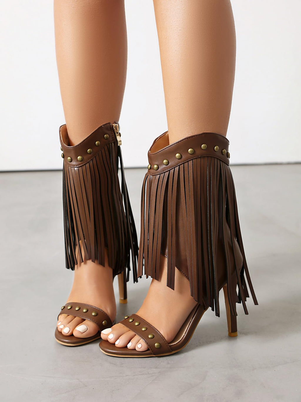 Rhineshell Women's Fringed High Heels Side Zipper Ankle Sandal Boots Studded Heeled Sandals Tassels Round Open Toe Stilettos Faux Leather Zip Up Party Dress Shoes Dark Brown Size 7