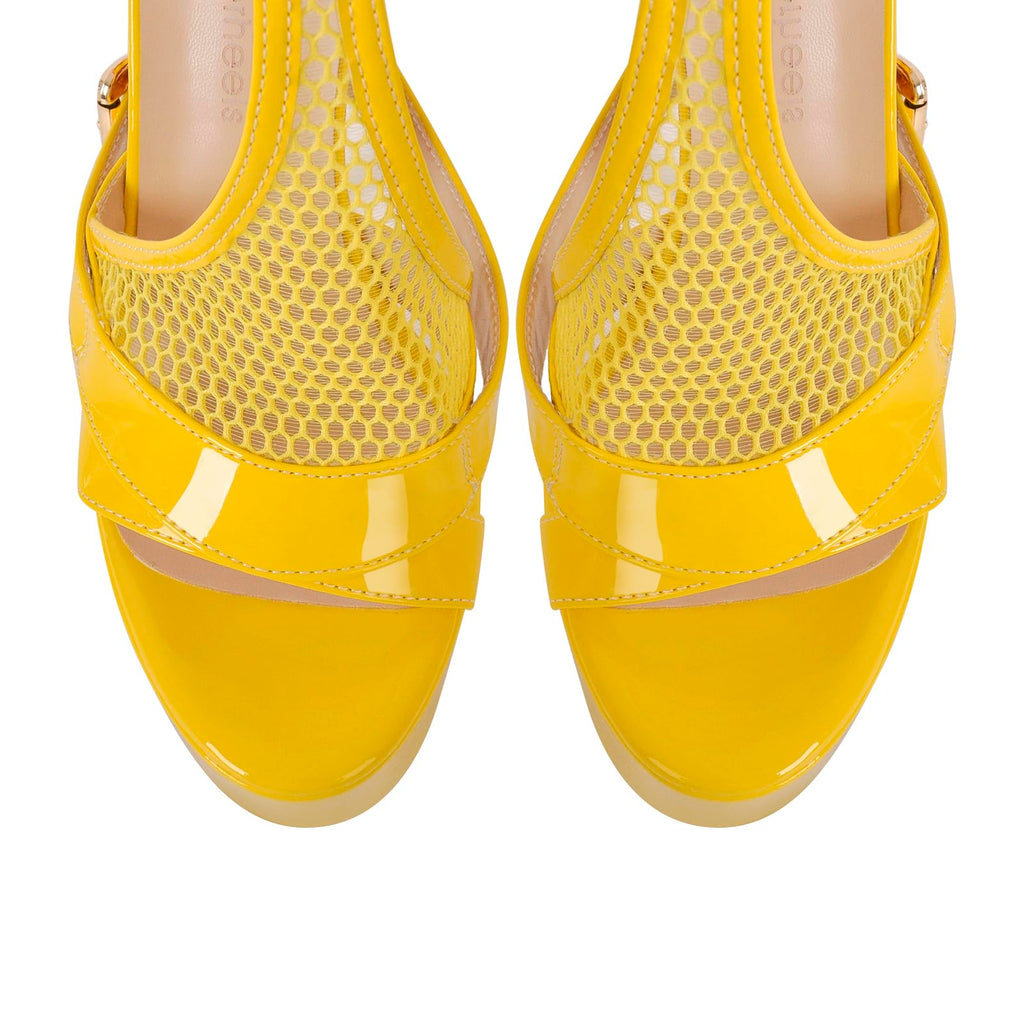 onlymakerheels Women's High Stiletto Heels Platform Mesh Buckle Open Toe Ankle Strap Dress Shoes Sandals Yellow Size8