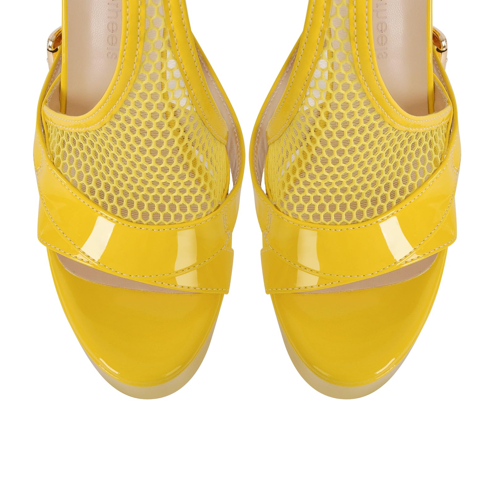 onlymakerheels Women's High Stiletto Heels Platform Mesh Buckle Open Toe Ankle Strap Dress Shoes Sandals Yellow Size8