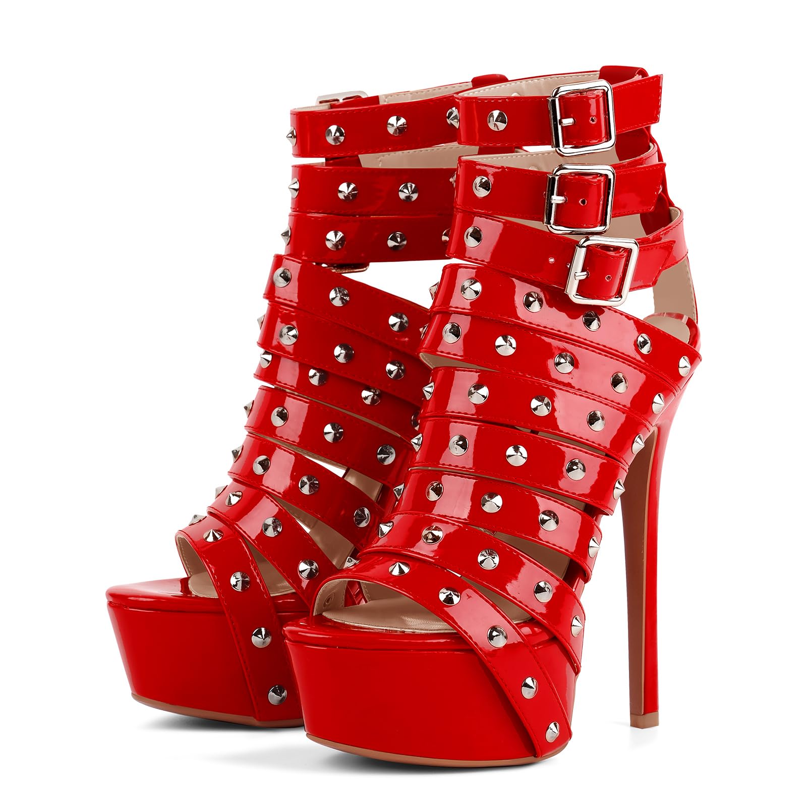 richealnini Rivets Belt Straps Heels for Women Studded Buckle Punk Sandals with Platform Red Stiletto Heels Adjustable Buckle Strappy Heeled Sandals Peep Toe Stylish Dance Wedding Shoes Size 7