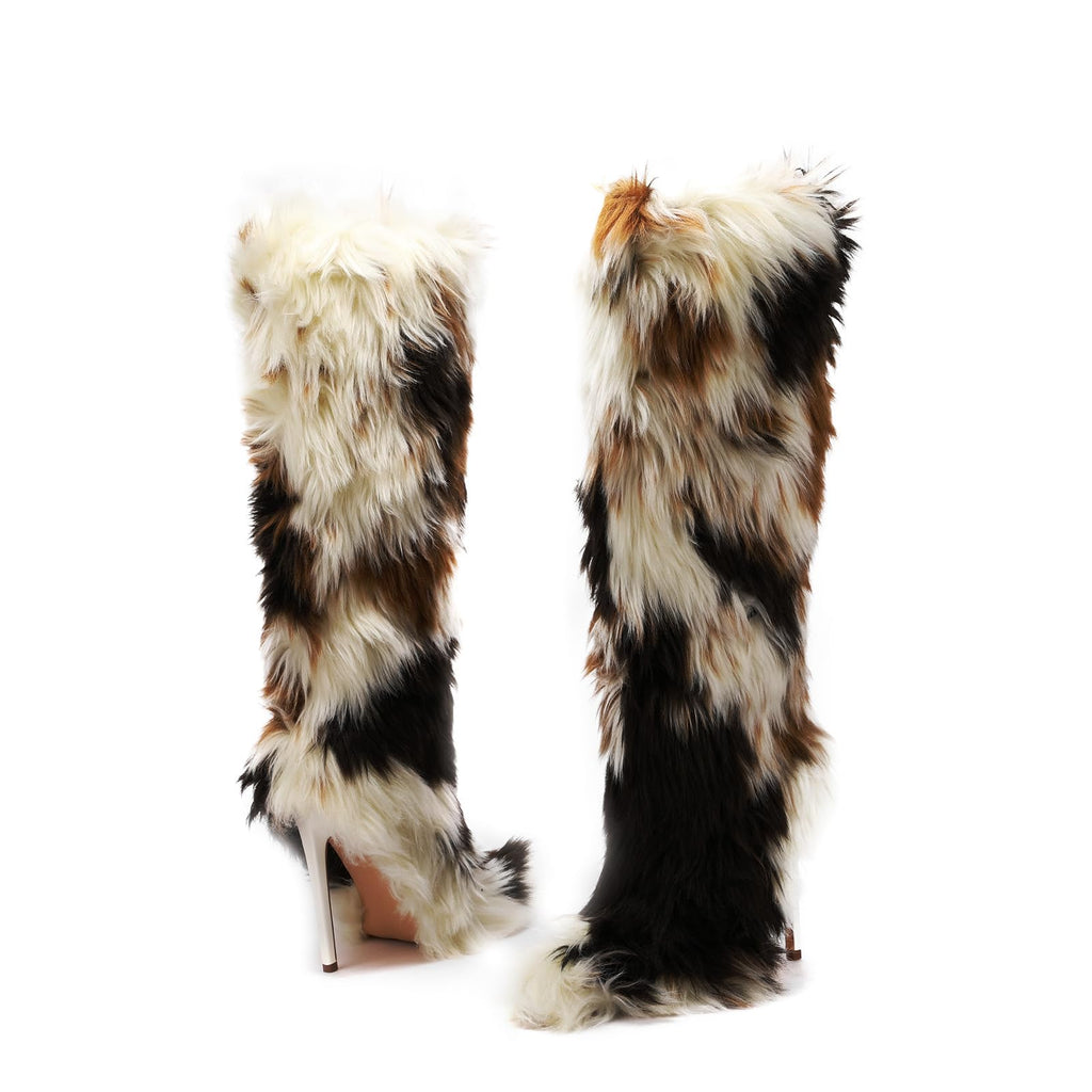 FancyQueen Faux Fur Boots for Women Knee High Furry Heel Boots Fashion Pointed Toe Snow Winter Boot Warm Women Boot