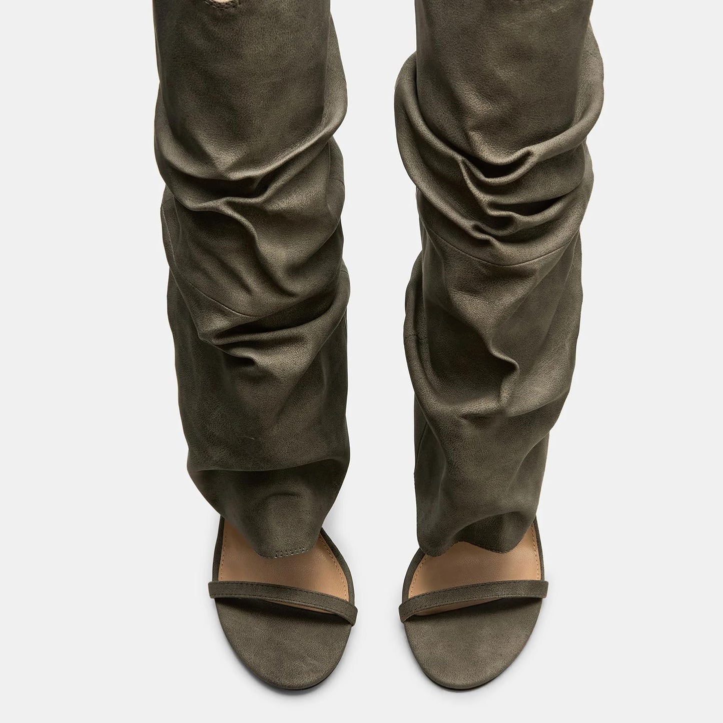 Yishaweiqi Slouched Ruched Knee High Heels for Women Round Open Toe Stiletto Heels Pull On Wide Calf Sandals