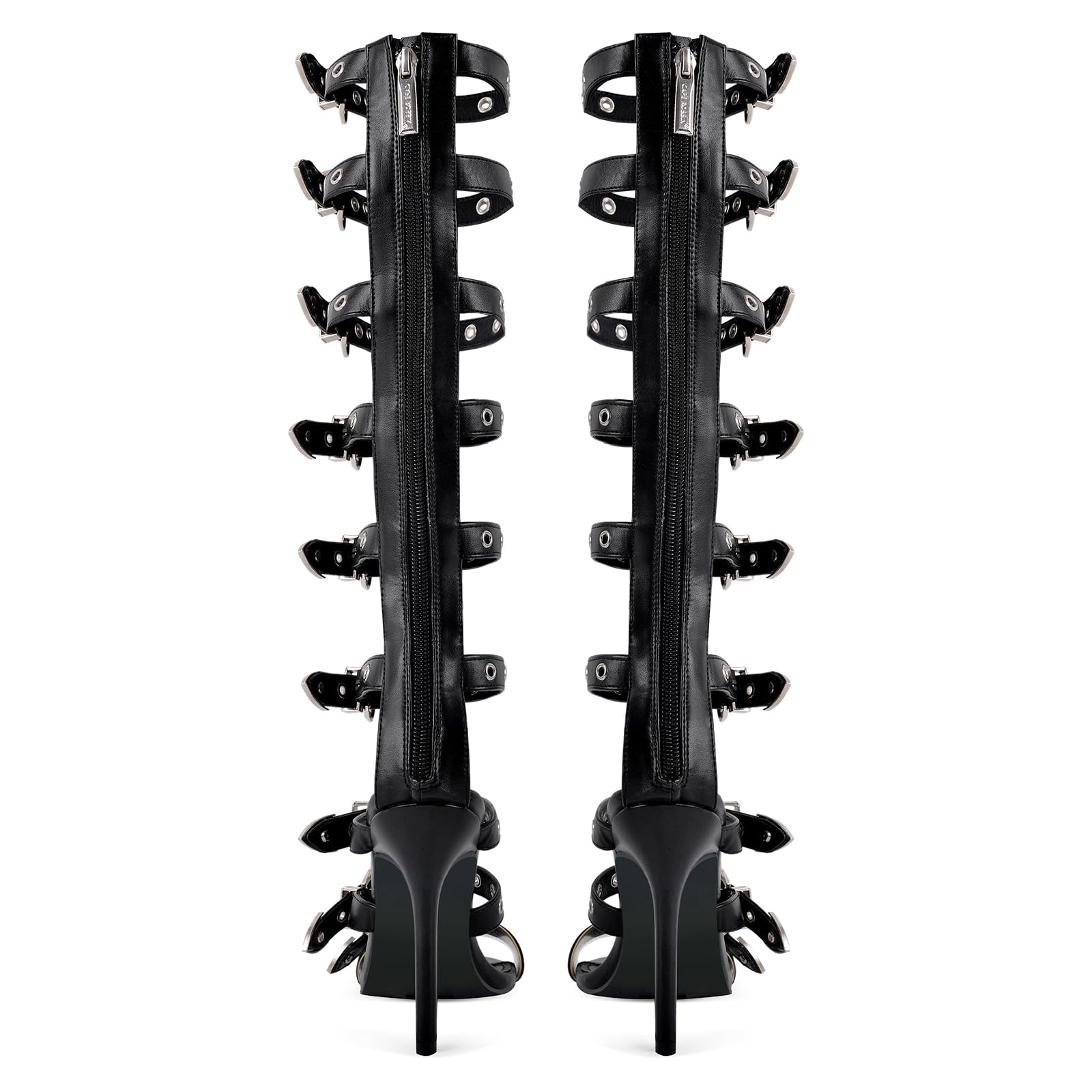 richealnini Sexy Heels for Women Knee High Gladiator Sandals Buckle Studded Rings Black Gladiator Heels for Women Dressy Sparkle Open Toe Kitten Heeled Sandals Silver Belt Straps Punk