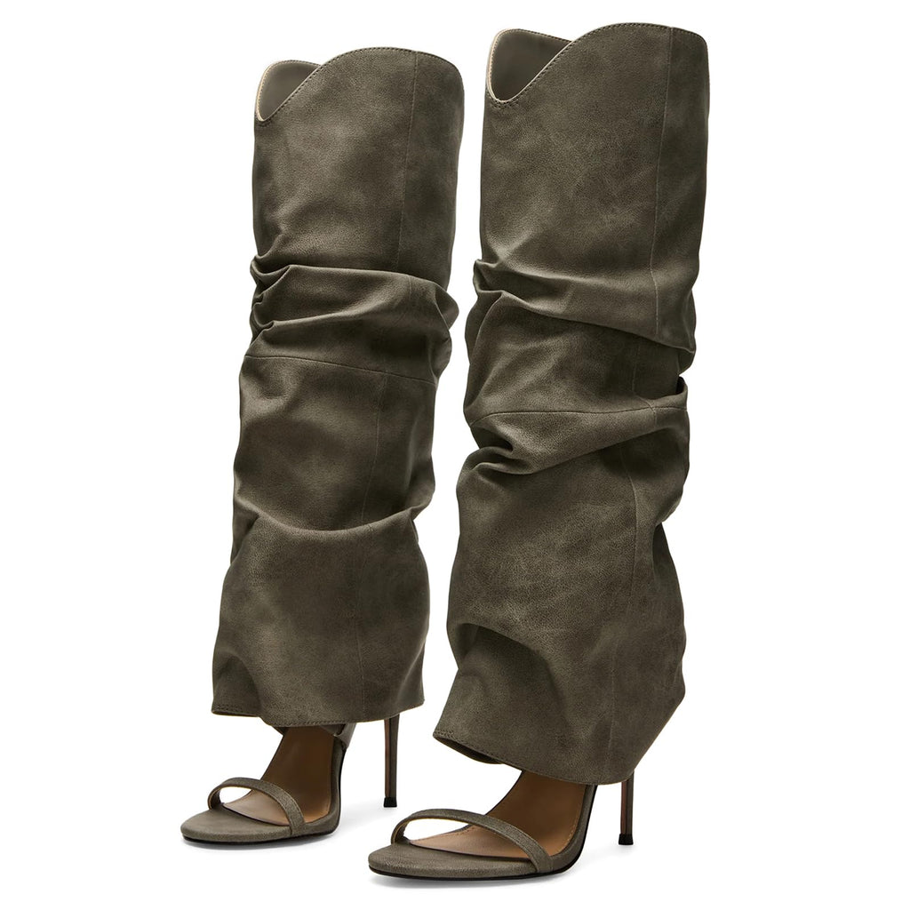 Yishaweiqi Slouched Ruched Knee High Heels for Women Round Open Toe Stiletto Heels Pull On Wide Calf Sandals