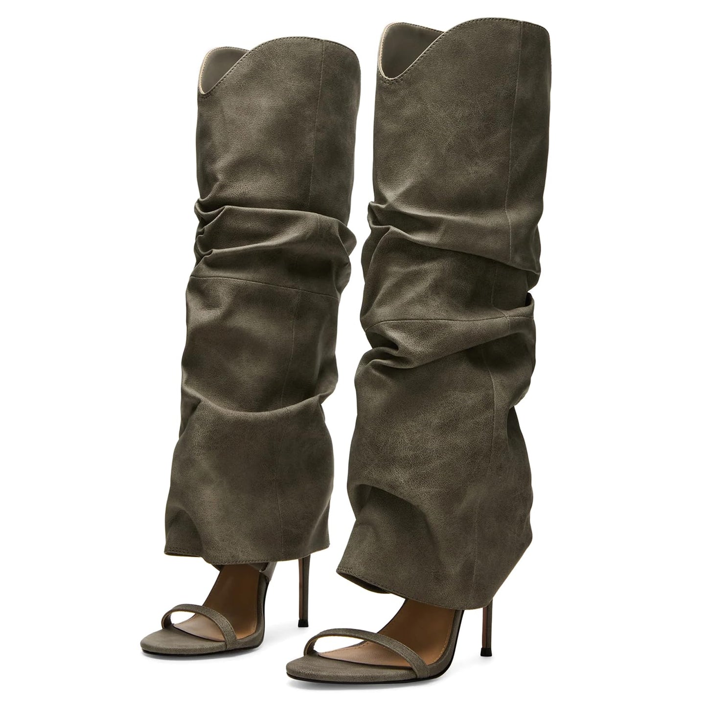 Yishaweiqi Slouched Ruched Knee High Heels for Women Round Open Toe Stiletto Heels Pull On Wide Calf Sandals