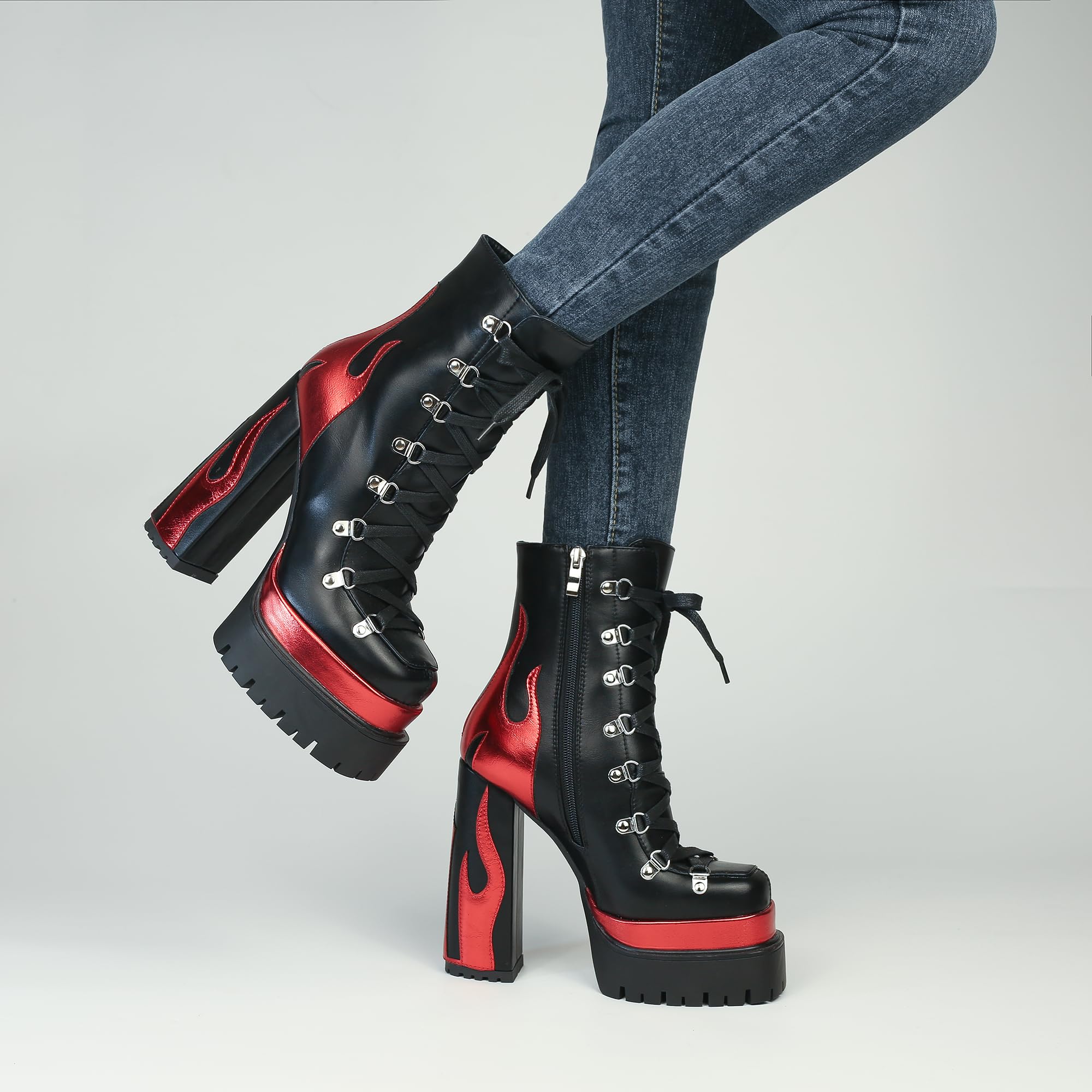 Black/Red HiColor women’s red flames Ankle Boots
