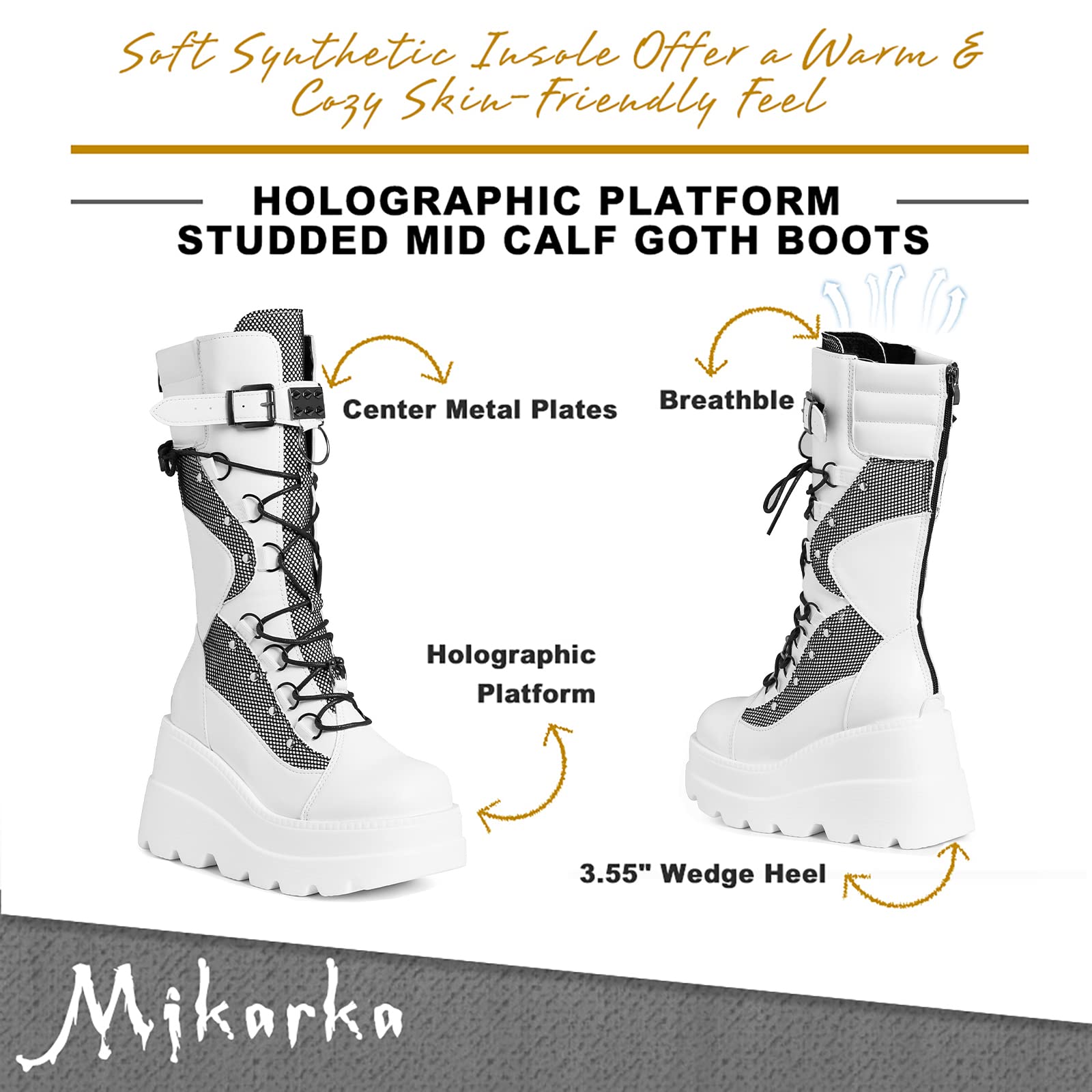 White mikarka Womens Holographic Platform Mid Calf Wedge Combat Boots