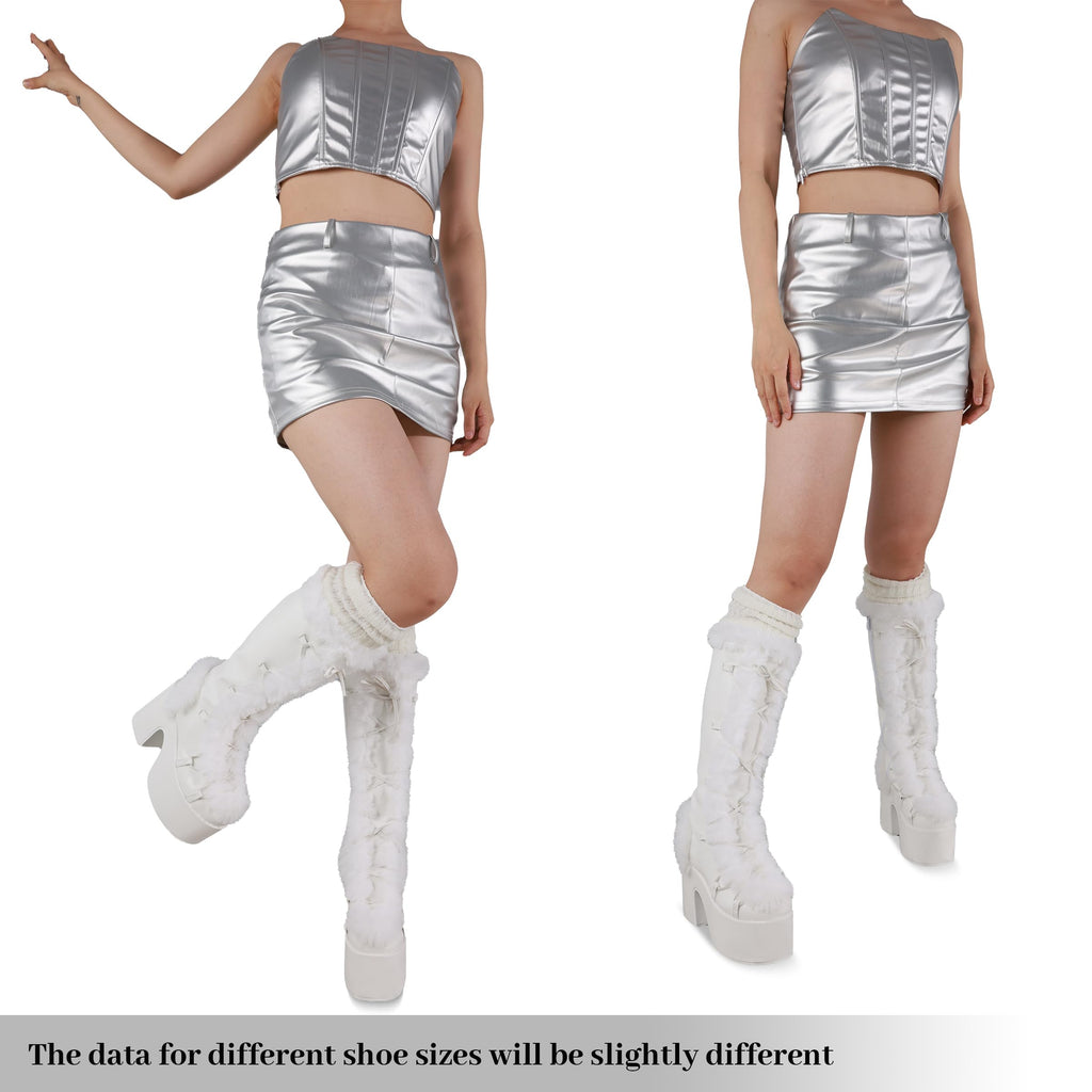 Accloris White Platform Knee High Boots For Womens Warm Faux Fur Lace Up Side Zipper Chunky Heel Punk Goth Winter Snow Mid Calf Boots