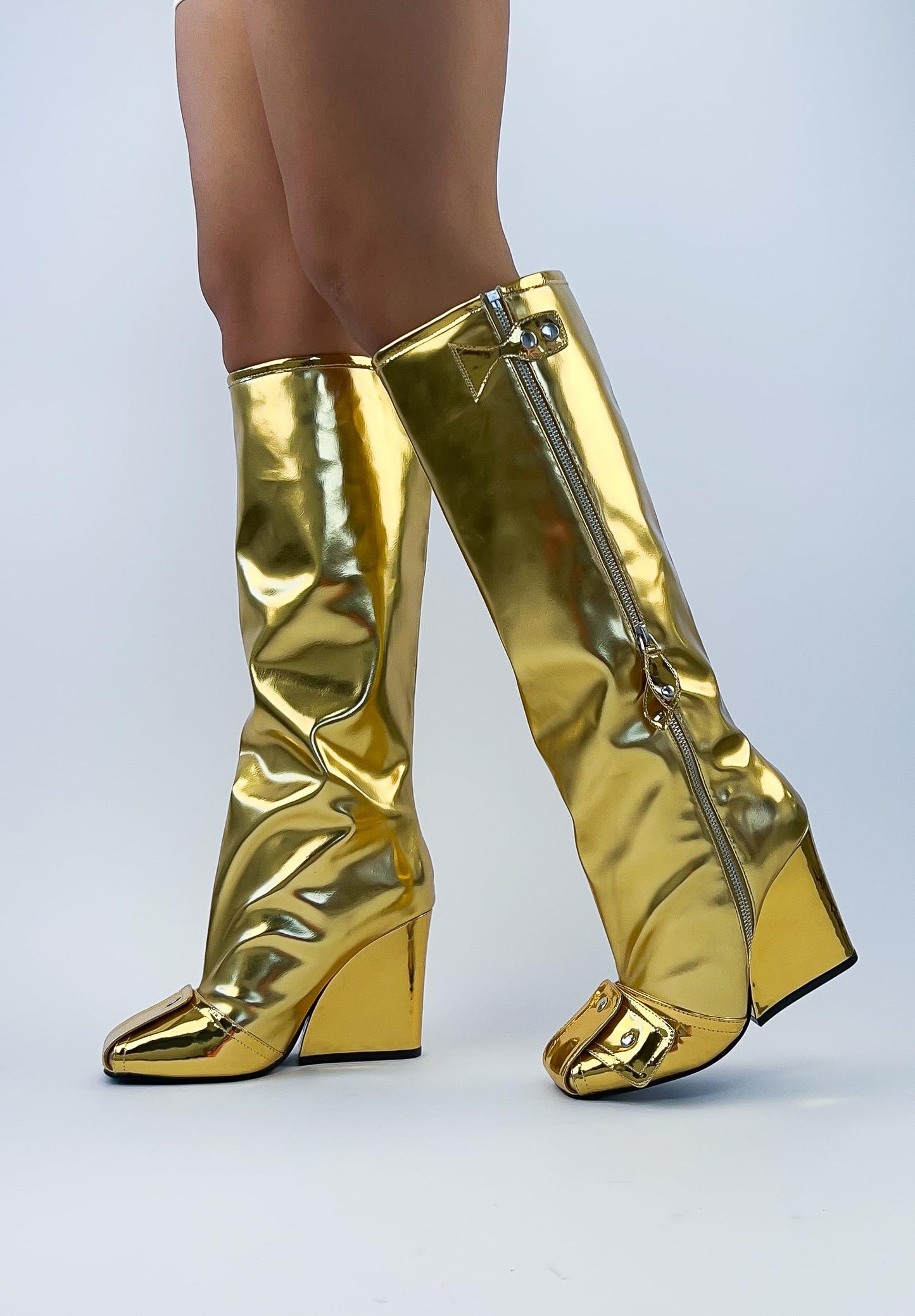 LEMONADE Women's Buckle Detail Square Toe Wedge Heel Knee High Long Boot﻿ Senna Gold 7.5