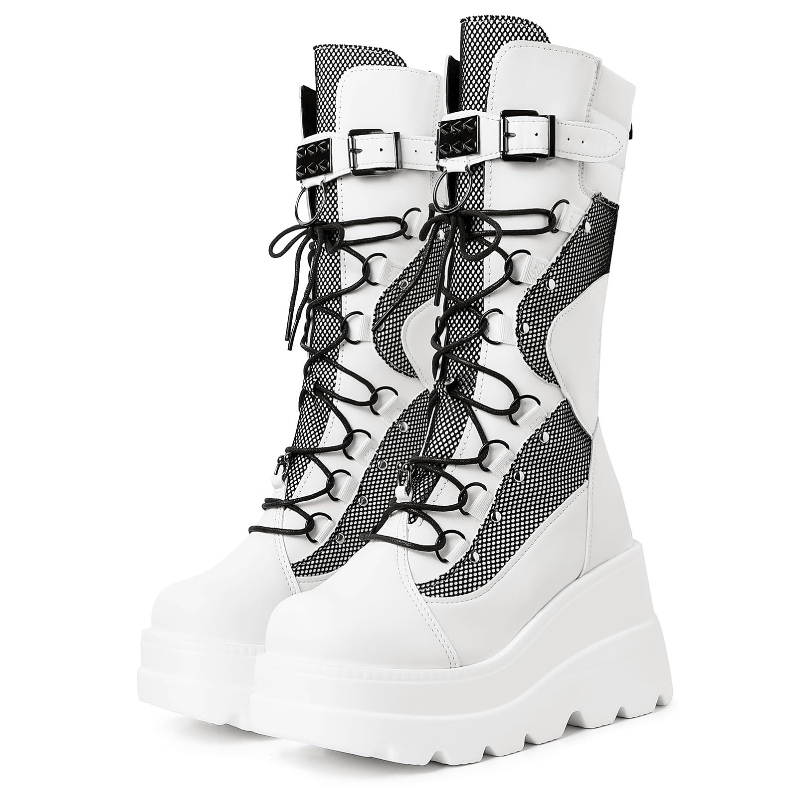 White mikarka Womens Holographic Platform Mid Calf Wedge Combat Boots