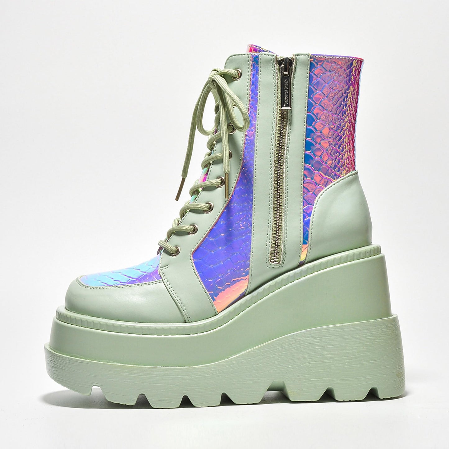 Holographic Platform Ankle Boots for Women Chunky Block Heels Pointed Toe PU Leather with Buckle Strap Retro Futuristic Style (Radio) - Sage Size 11
