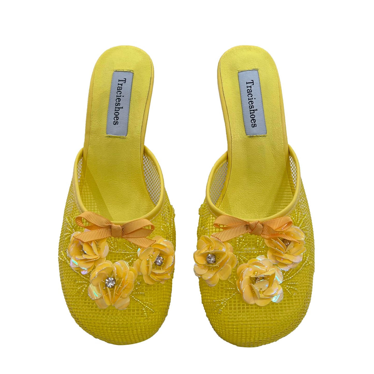 Tracieshoes Women's Mesh Mule Slip On Sandals With Floral Sequin Embellishments Round Toe Middle 2.5 Inch Heel Slides Slippers Yellow