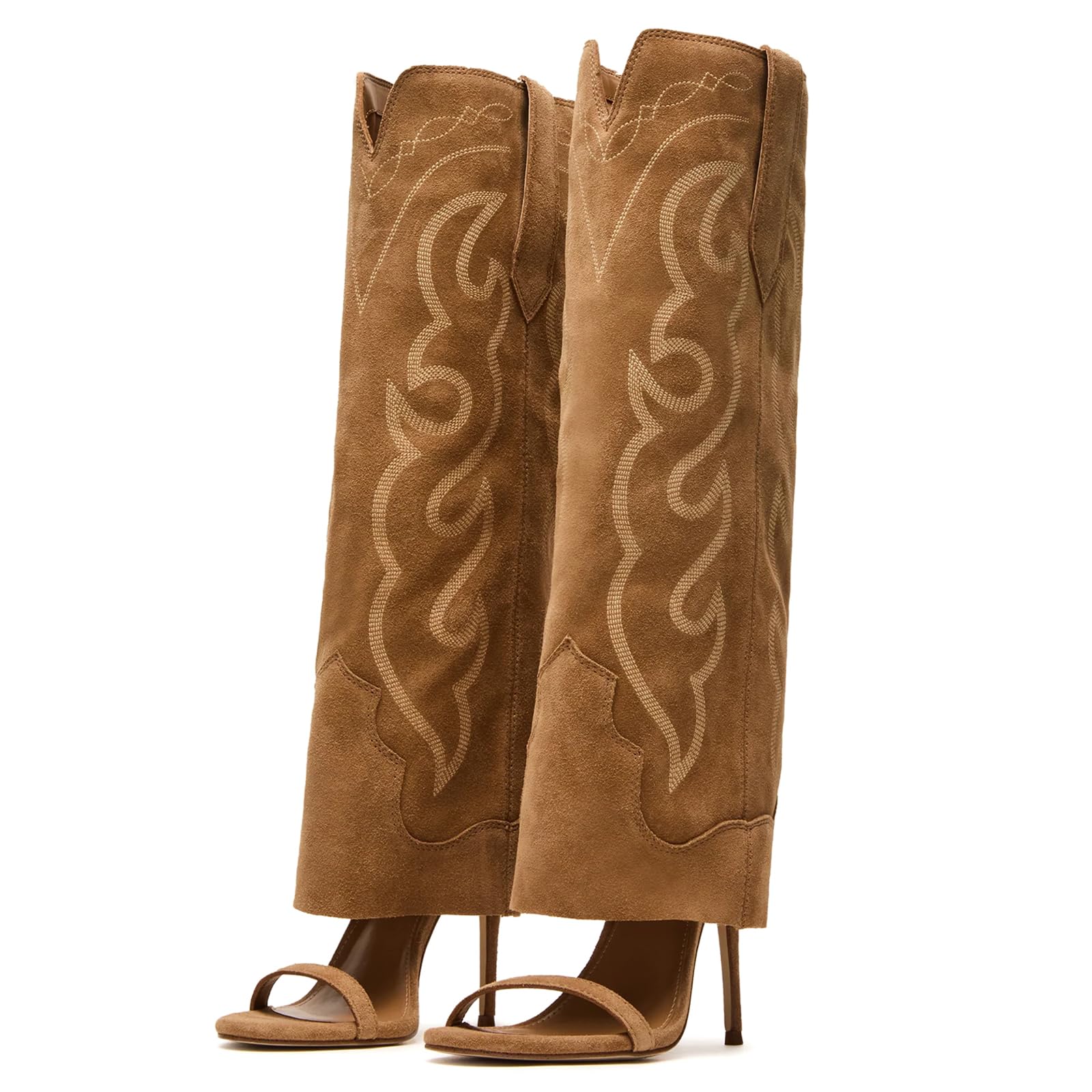 Yishaweiqi Embroidered Camel Suede Knee High Heels for Women Round Open Toe Stiletto Heels Pull On Wide Calf Sandals