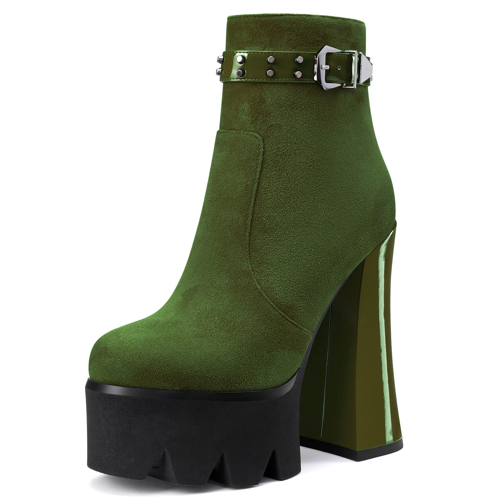 Aachcol Women Platform Ankle Boots Short Bootie Round Close Toe Chunky Block High Heel Suede Zipper Rivets Olive Green 5.5 Inch