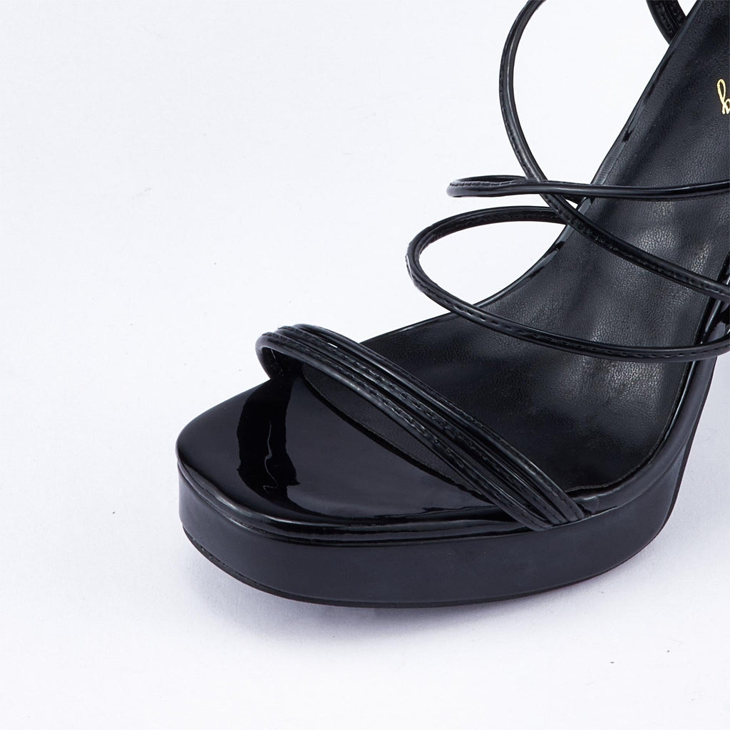 Elisabet Tang Women's Strappy Heeled Sandals, 5 inch Platform Heels Chunky Lace up High Heels Open Toe Party Shoes Black Patent