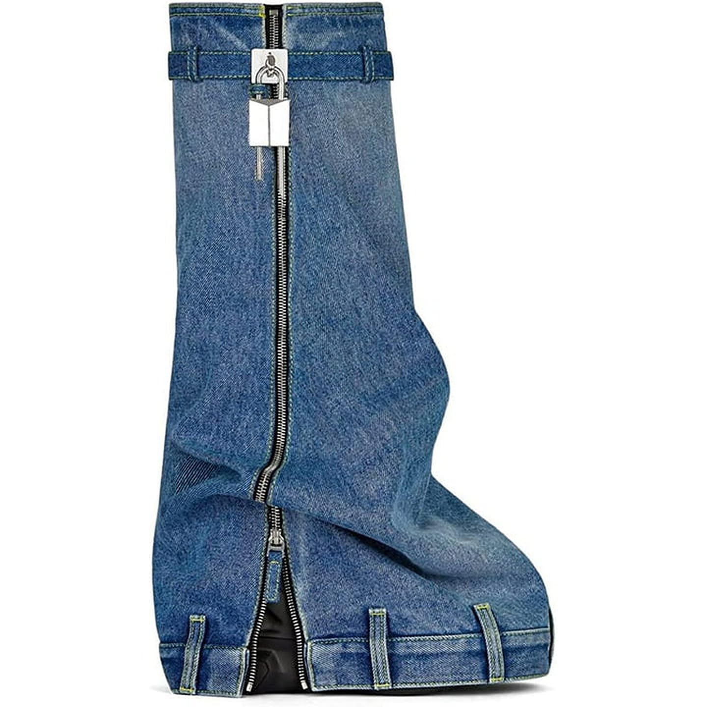 LEMONADE Women Denim Fold Over Platform Knee High Boots with Padlock Smarty Pants Denim