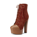 DearOnly Women Chunky Block Platform High Heel Round Toe Ankle Boots Short Bootie Zipper Party Cute Boots Brown