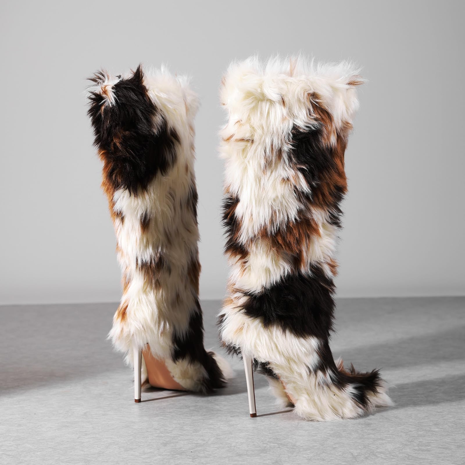 FancyQueen Faux Fur Boots for Women Knee High Furry Heel Boots Fashion Pointed Toe Snow Winter Boot Warm Women Boot