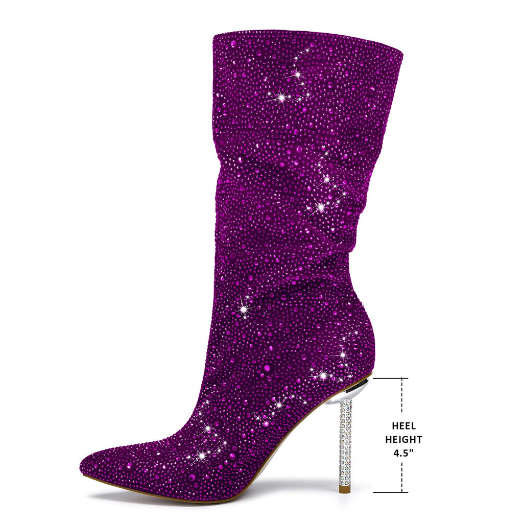 driceic Women's Purple Mid Calf Boots sparkly Rhinestone Stiletto Heel Boots Western Wide Calf Short Cowboy Boots Sexy Pointed Toe dress Party Boots