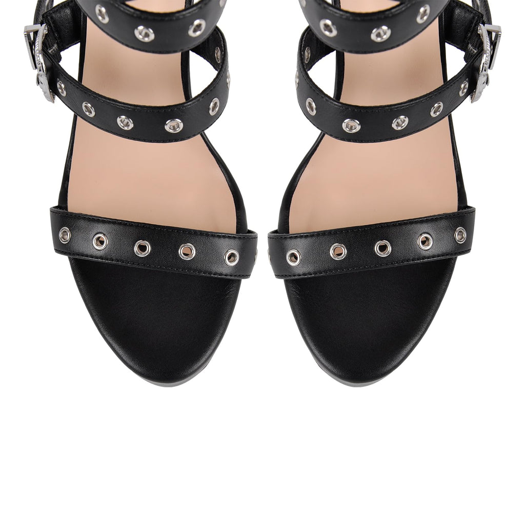 Rhineshell Women's Round Open Toe Platform High Heels Adjustable Buckles Back Zipper Stilettos Heeled Sandals Faux Leather Party Dress Shoes Black