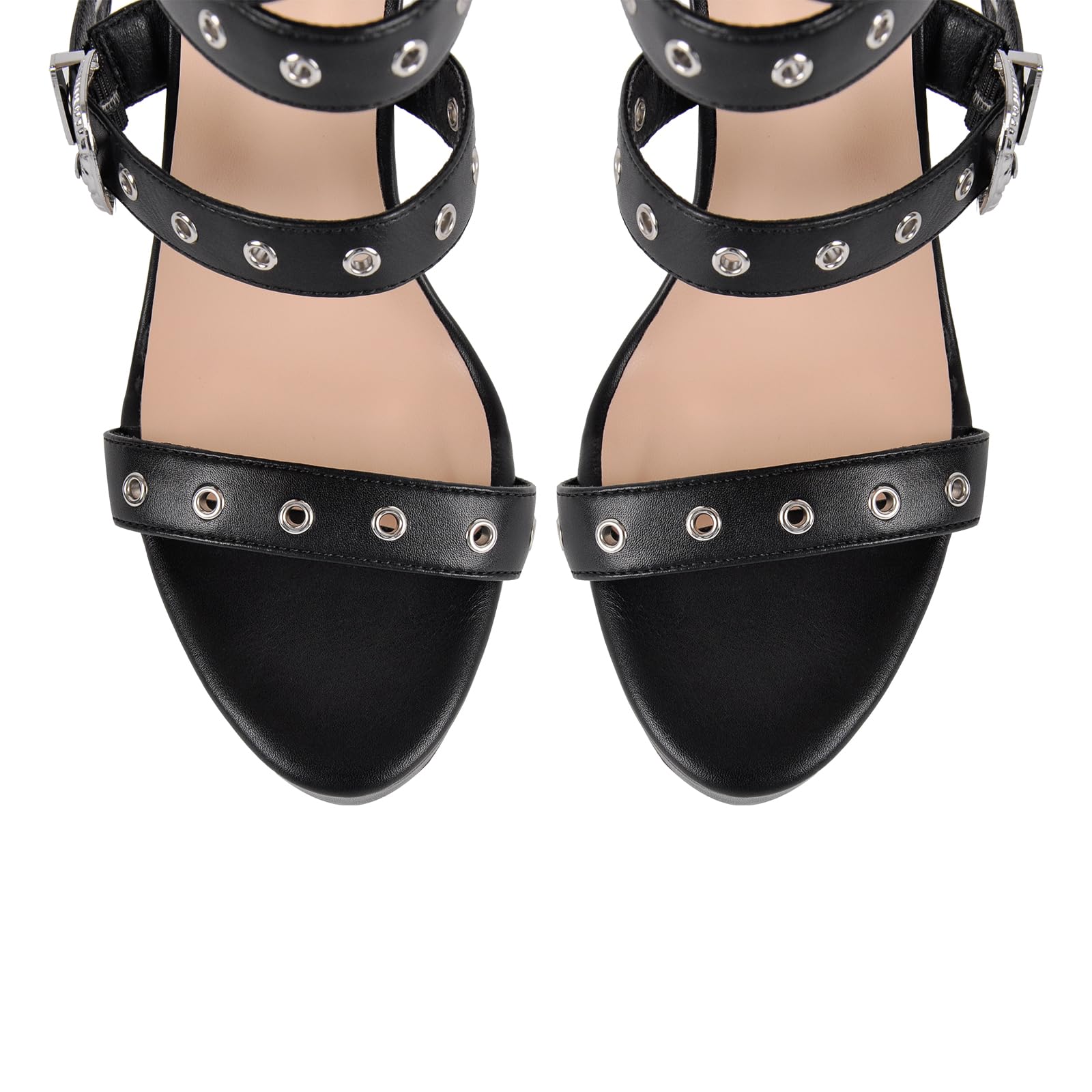 Rhineshell Women's Round Open Toe Platform High Heels Adjustable Buckles Back Zipper Stilettos Heeled Sandals Faux Leather Party Dress Shoes Black