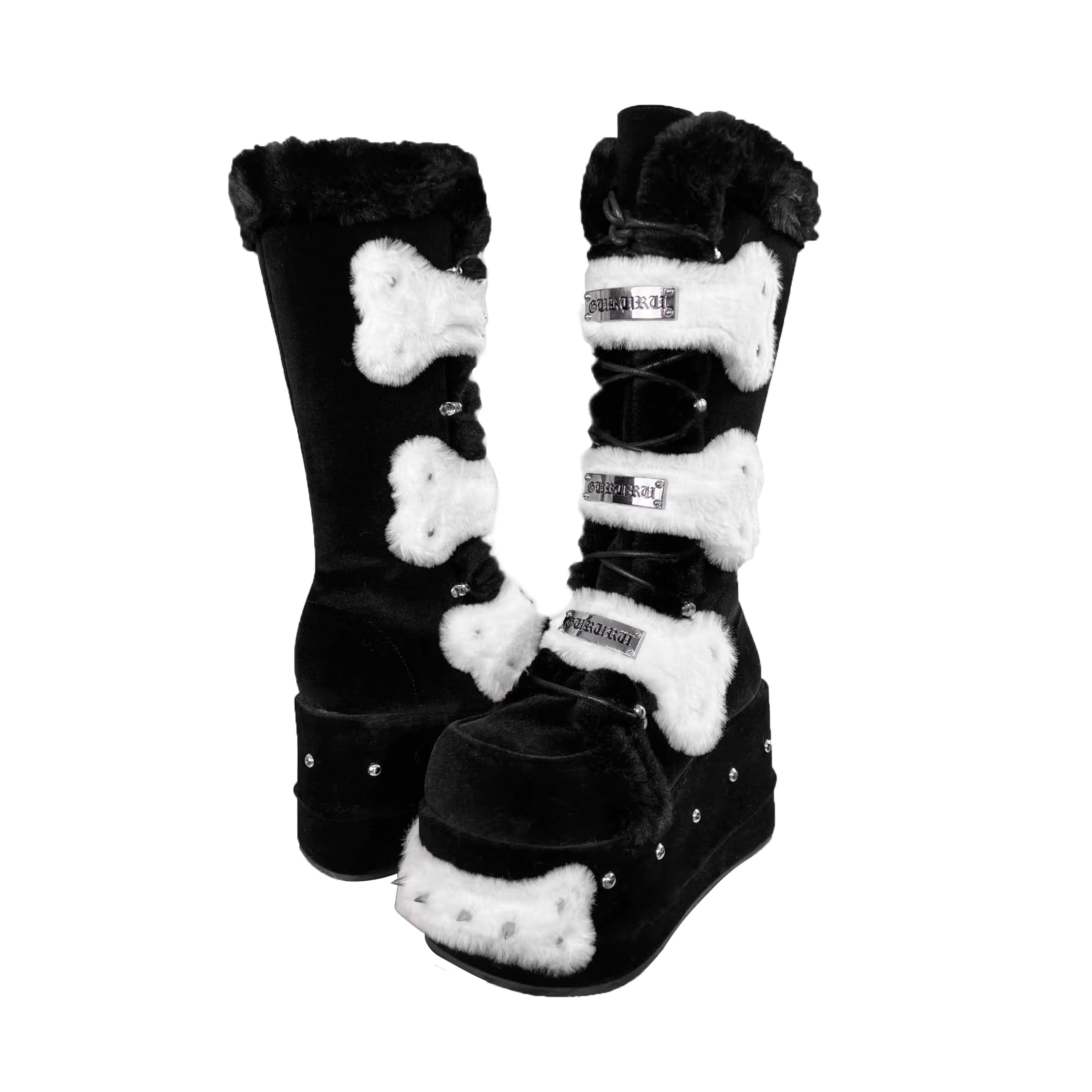 GURURU Womens Goth Boots with Bone Shape Elements Mid Calf Boots Chunky High Heel Punk Goth with Warm Fur Platform Boots (black, Adult, Women, 8, Numeric, US Footwear Size System, Medium)