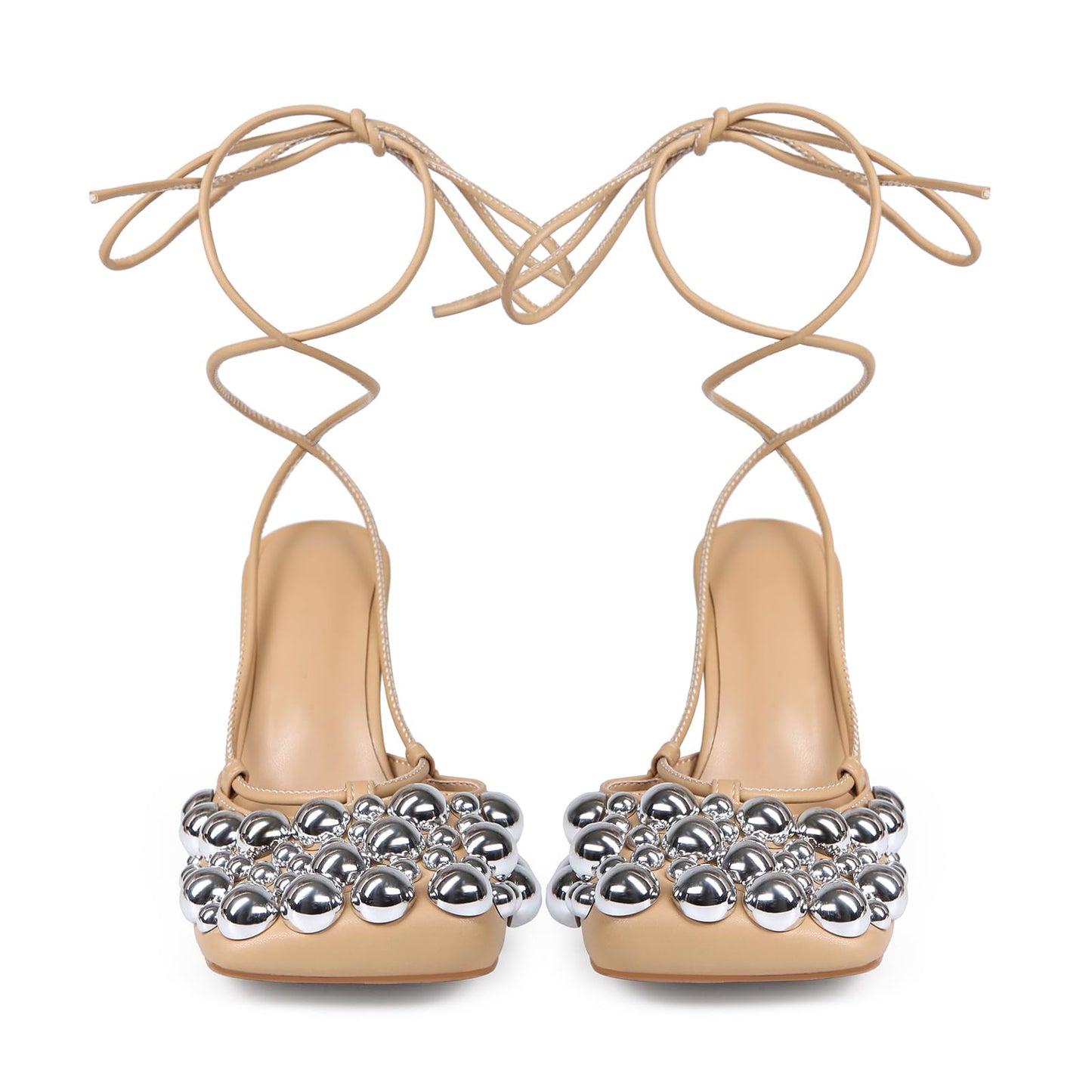 Saint Leia Women's 4IN High Heel Sandals Nude Stiletto Pumps with Gold Silver Pearls Heels for Weddings Parties and Evening Wear (Nude Silver,