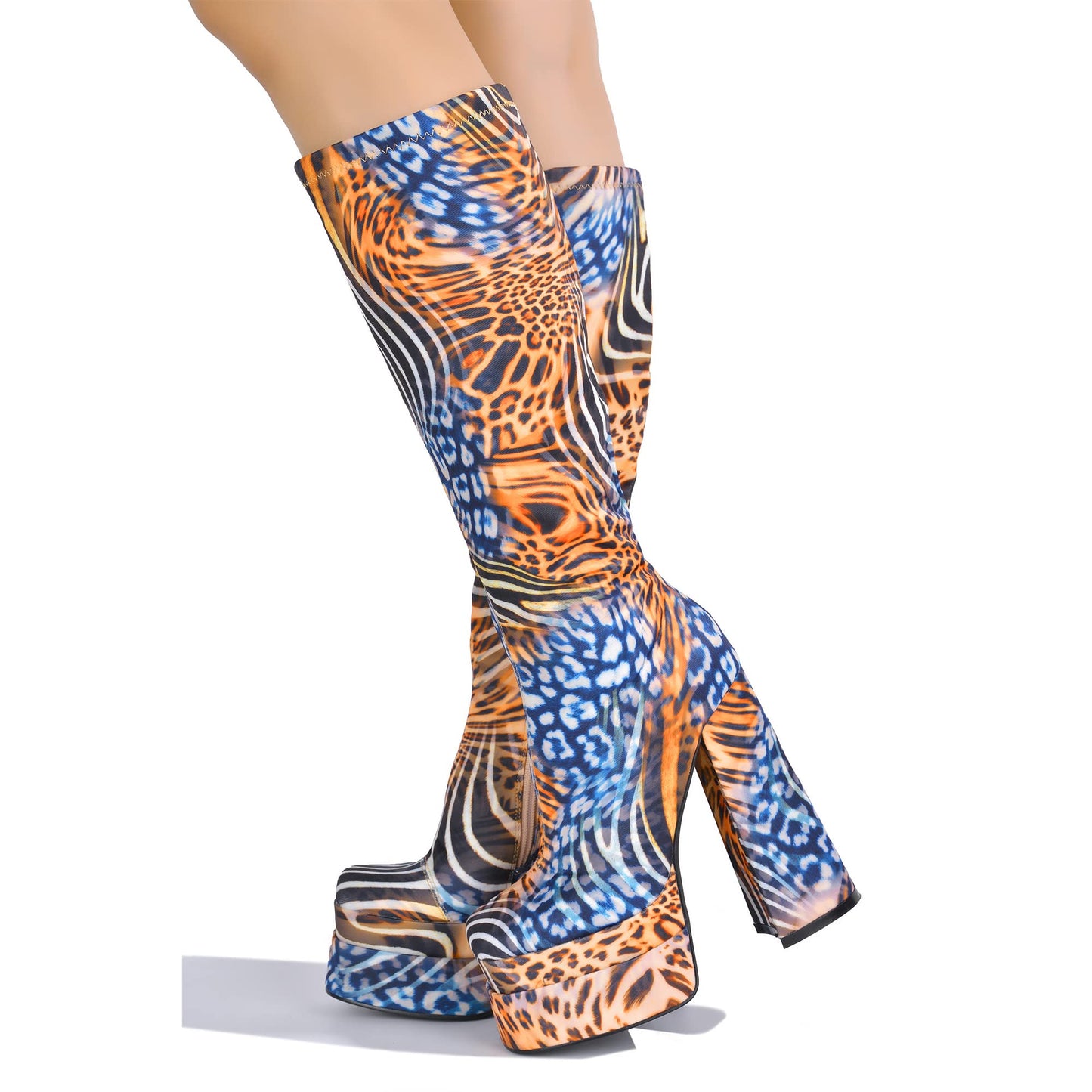 Cape Robbin Prisma Mid Calf Platform Boots, Square Toe Knee High Chunky Block Heel, Fashion Dress Boots for Women - Animal Print Size 10