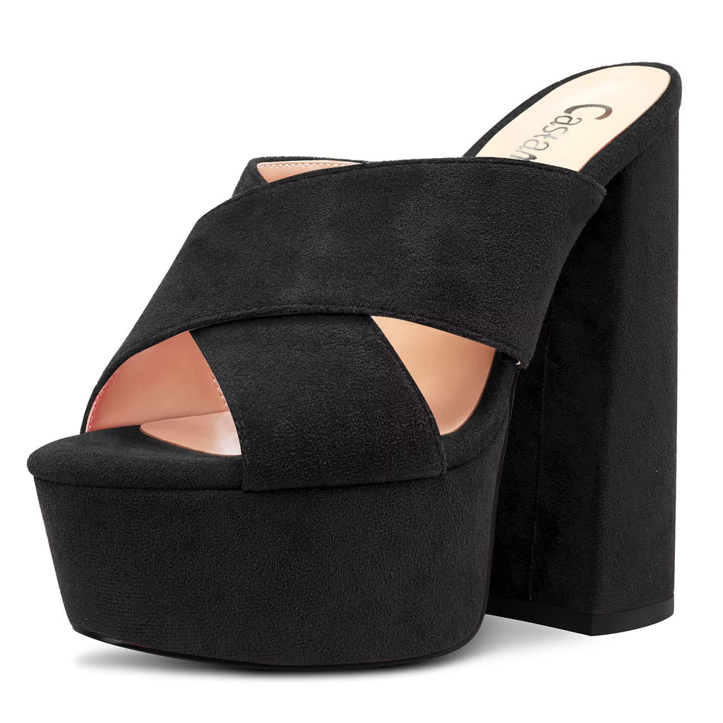 Castamere Women High Chunky Block Platform Heel Peep Open Toe Slip-on Sandals Casual Dress 5.9 Inches Heels Black