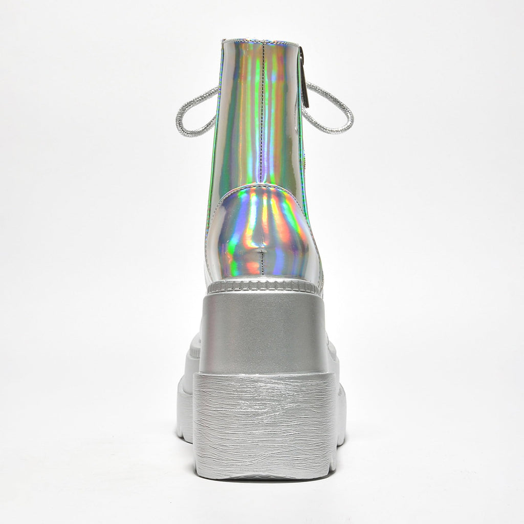 Cape Robbin Holographic Platform Ankle Boots for Women Chunky Block Heels Pointed Toe PU Leather with Buckle Strap Retro Futuristic Style (Radio) - Holographic Size 11