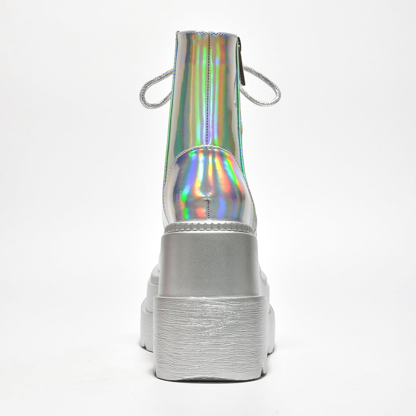 Cape Robbin Holographic Platform Ankle Boots for Women Chunky Block Heels Pointed Toe PU Leather with Buckle Strap Retro Futuristic Style (Radio) - Holographic Size 11