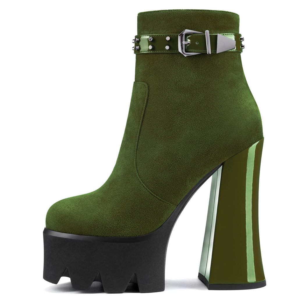 Aachcol Women Platform Ankle Boots Short Bootie Round Close Toe Chunky Block High Heel Suede Zipper Rivets Olive Green 5.5 Inch