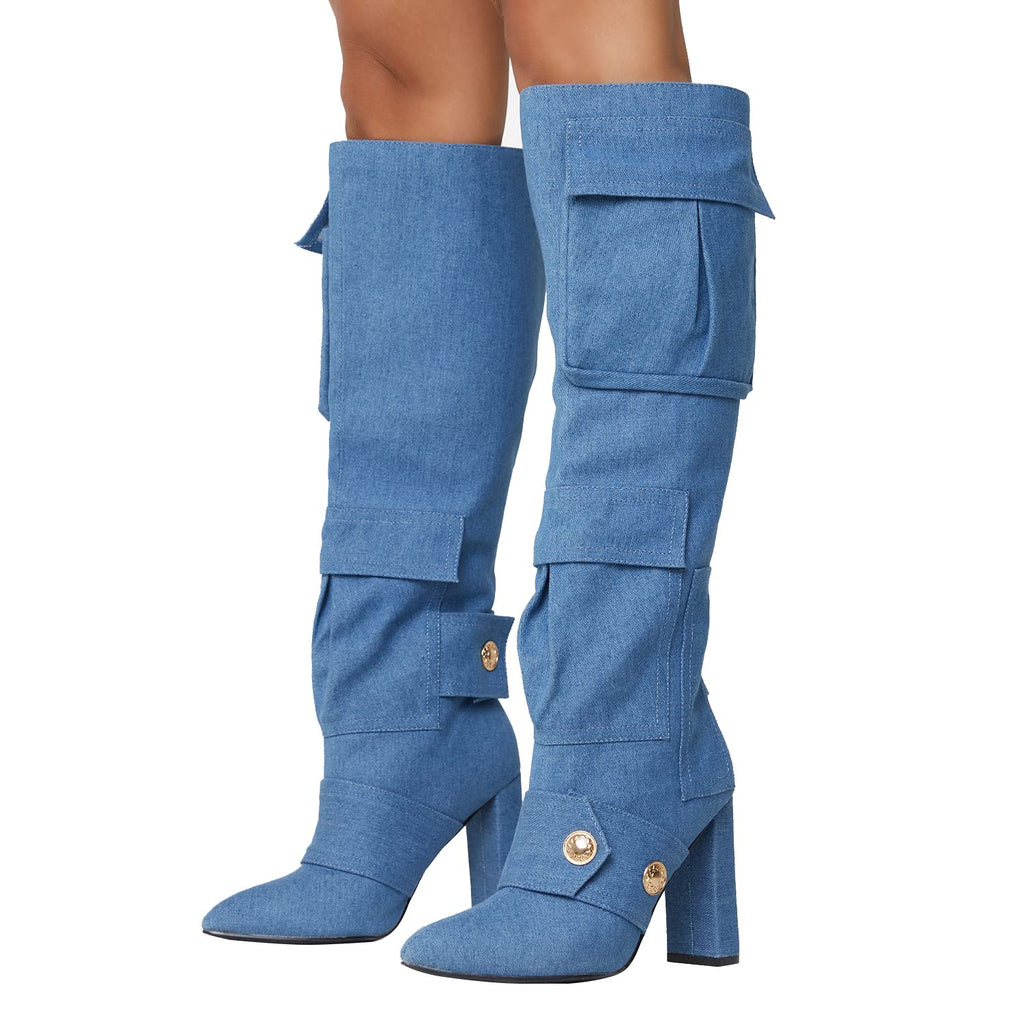 Arqa Women's Camo Knee High Boots Pointed Toe Block Heel Camouflage Boot with Metal Buttons Multiple Pockets Boot