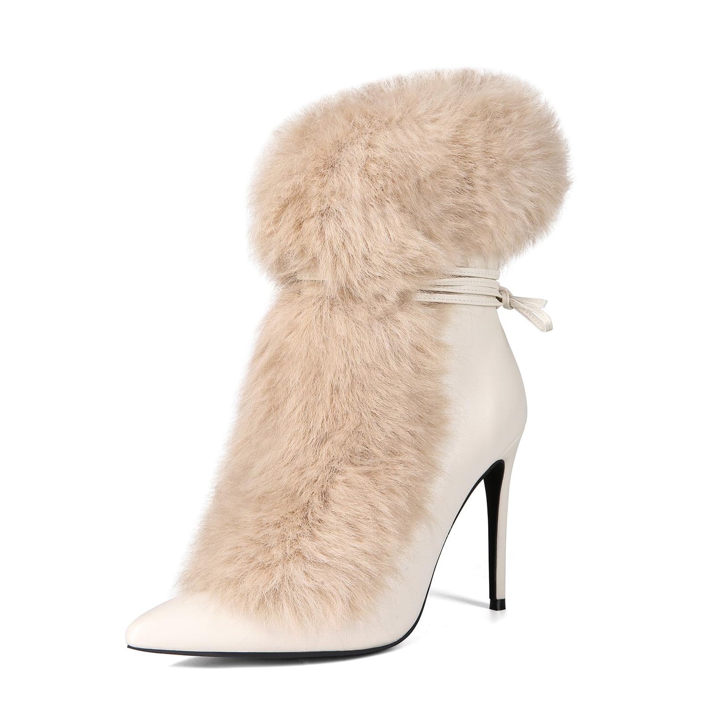 Maiosfy Furry Pointed Stiletto Heels with Straps Large Size Ankle Boots Heavy-Duty Soft Faux Fur Shoes Clubwear for Party Evening Footwear Unisex