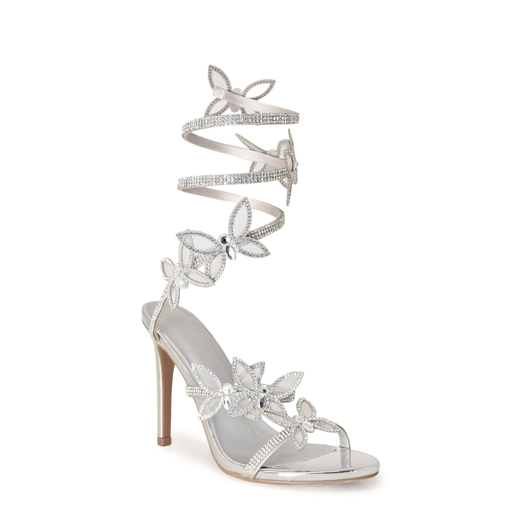 Wild Diva Women Rhinestone Butterfly Spiral Wrap Around High Heel Sandals Berlin-527 Self Silver