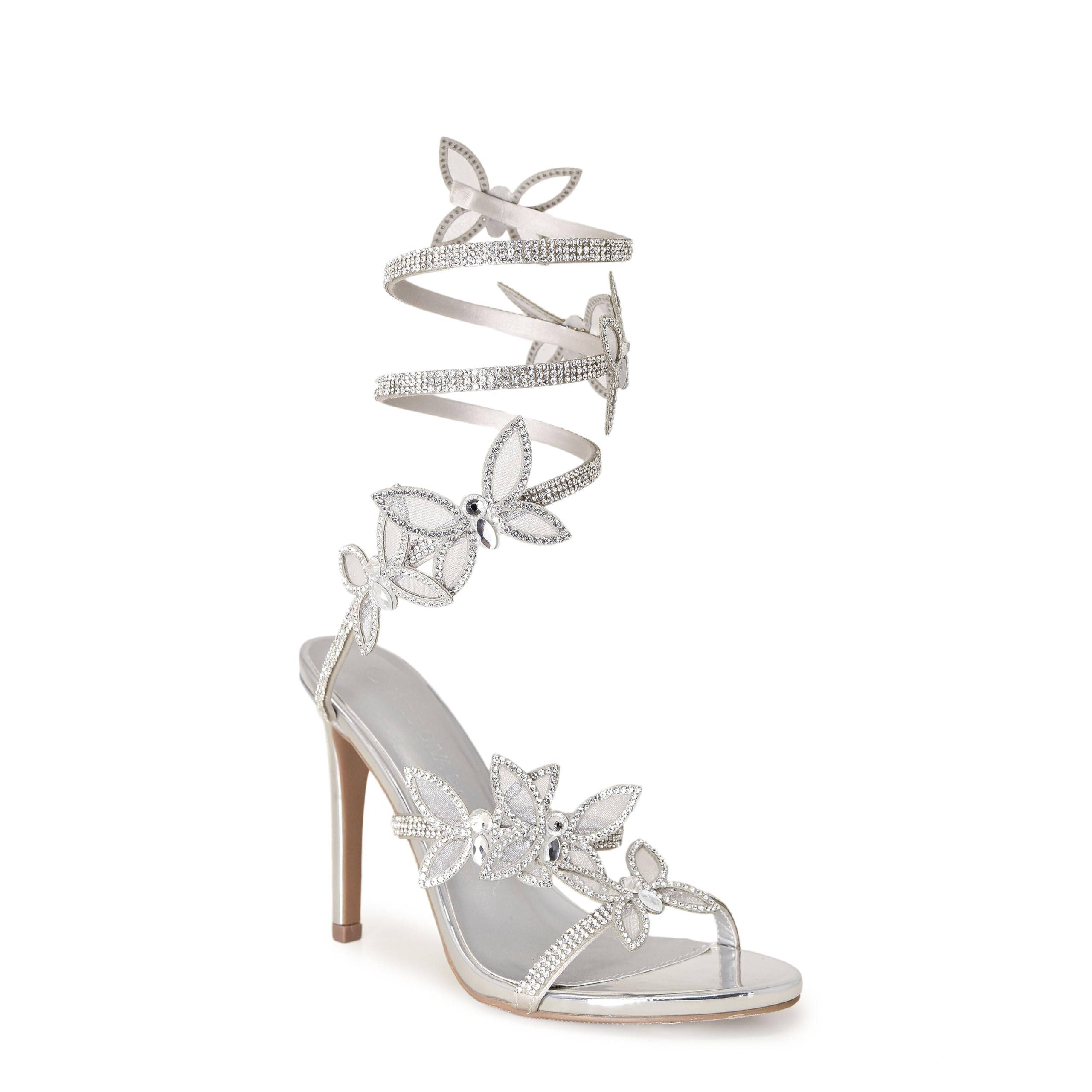 Wild Diva Women Rhinestone Butterfly Spiral Wrap Around High Heel Sandals Berlin-527 Self Silver