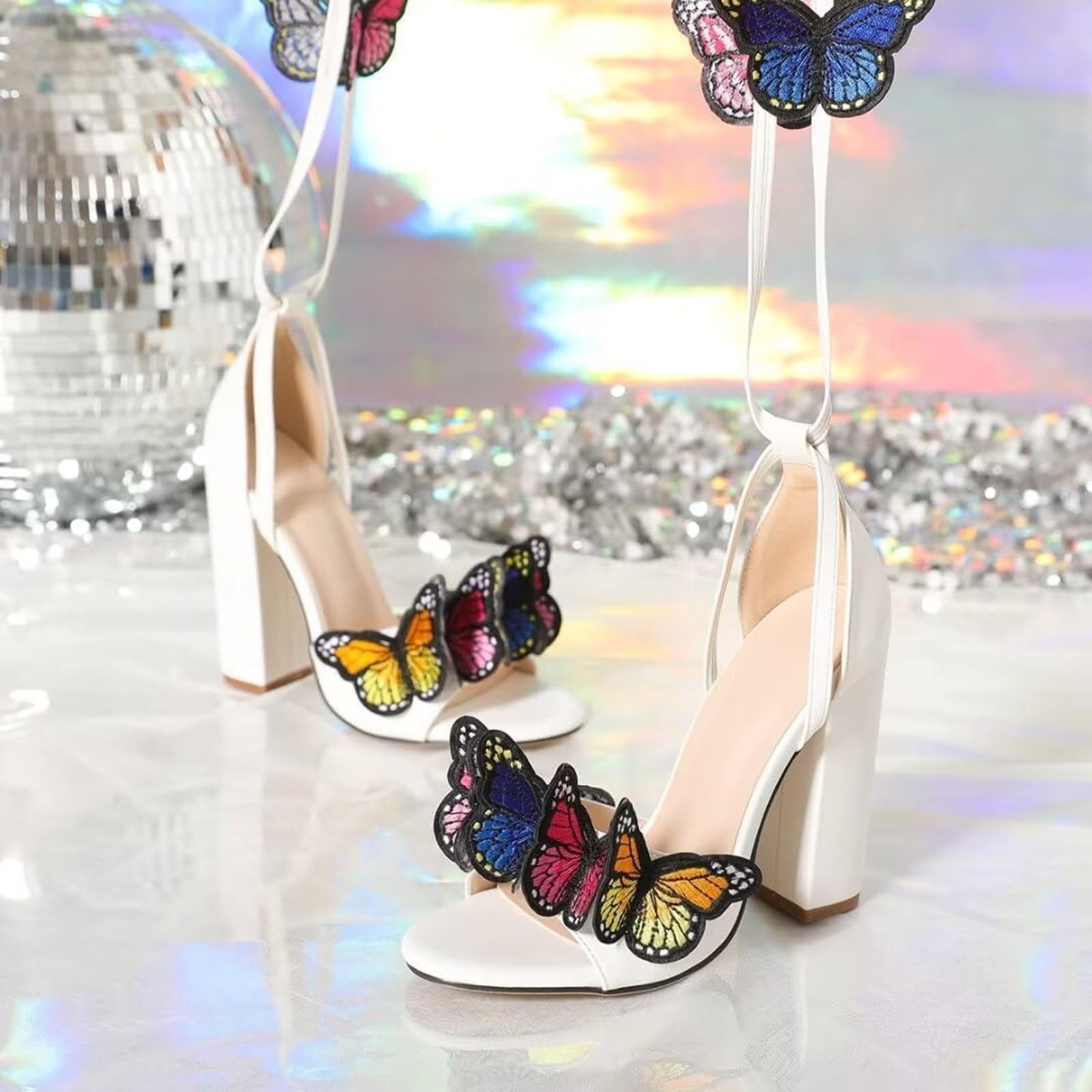 Strappy Sandals for Women Butterfly Ankle Wrap Block Heeled Sandals Open Toe Lace-up Chunky Heels Sandal Wedding Bride Dressy Pumps