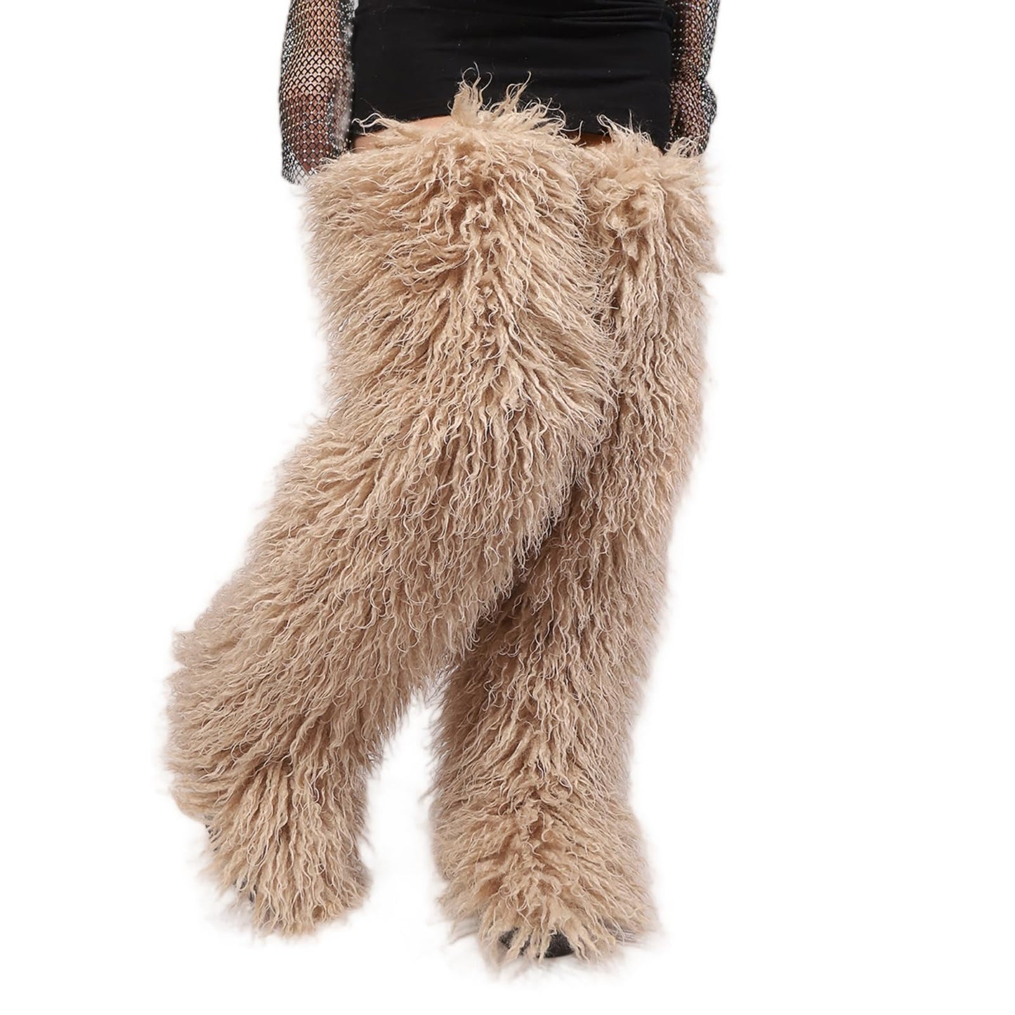 YFJNV Black Thigh High Fur Boots, Over the Knee Fluffy High Boots, Tall Furry shoes for Women (Light Khaki,6)