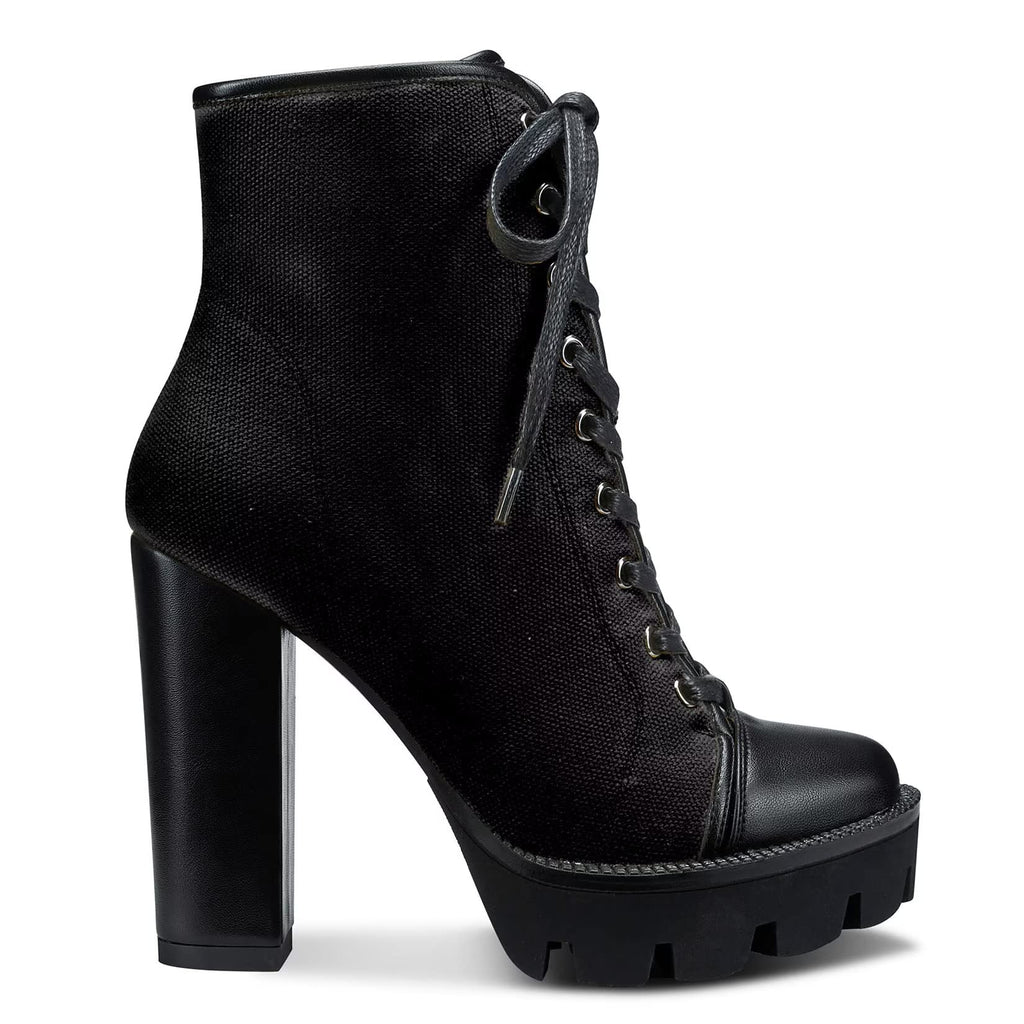 NobleOnly Women High Heel Platform Round Toe Ankle Boots Short Bootie Zipper Lace-up Riding Boots Classic Party Office 5.1 Inches Heels Black