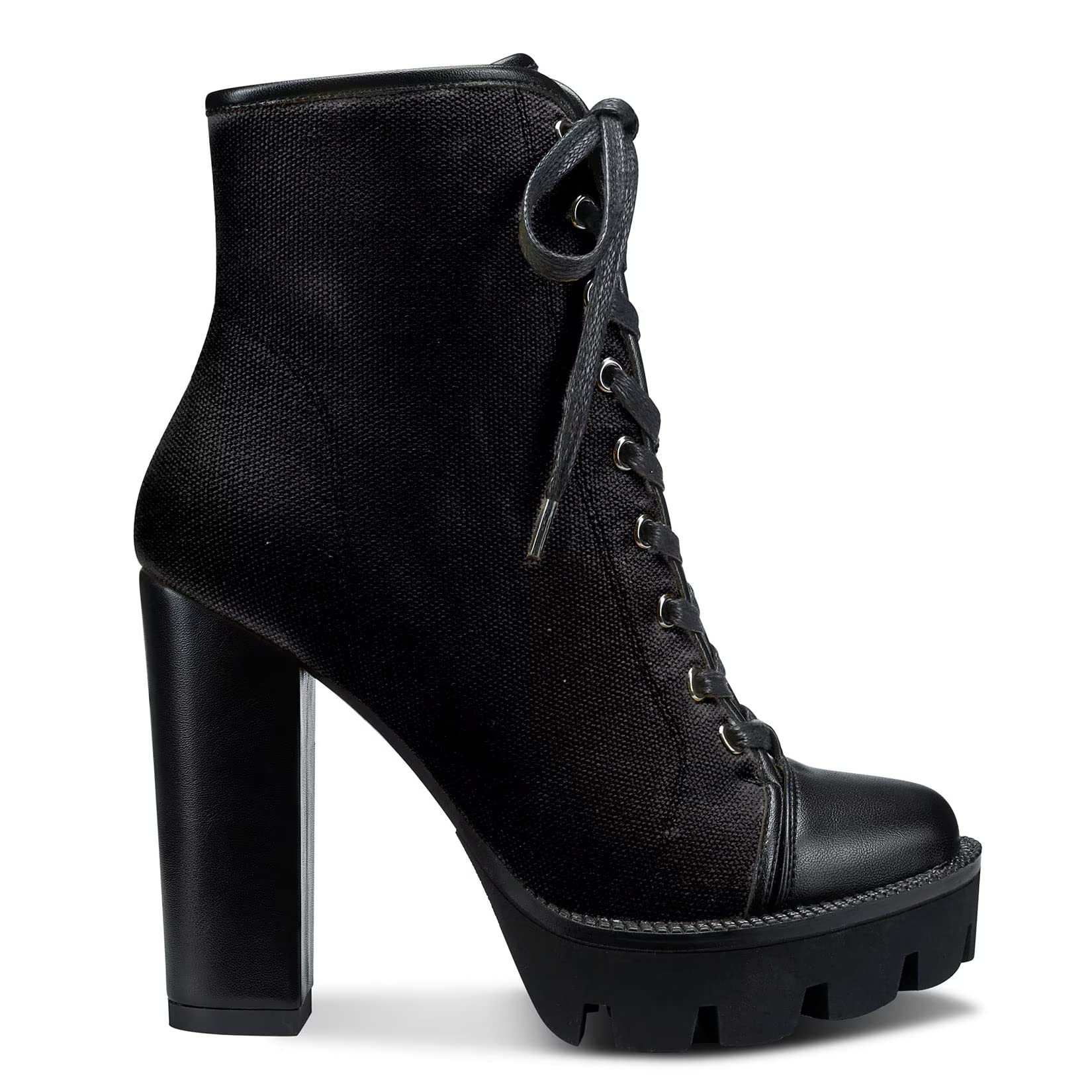 NobleOnly Women High Heel Platform Round Toe Ankle Boots Short Bootie Zipper Lace-up Riding Boots Classic Party Office 5.1 Inches Heels Black