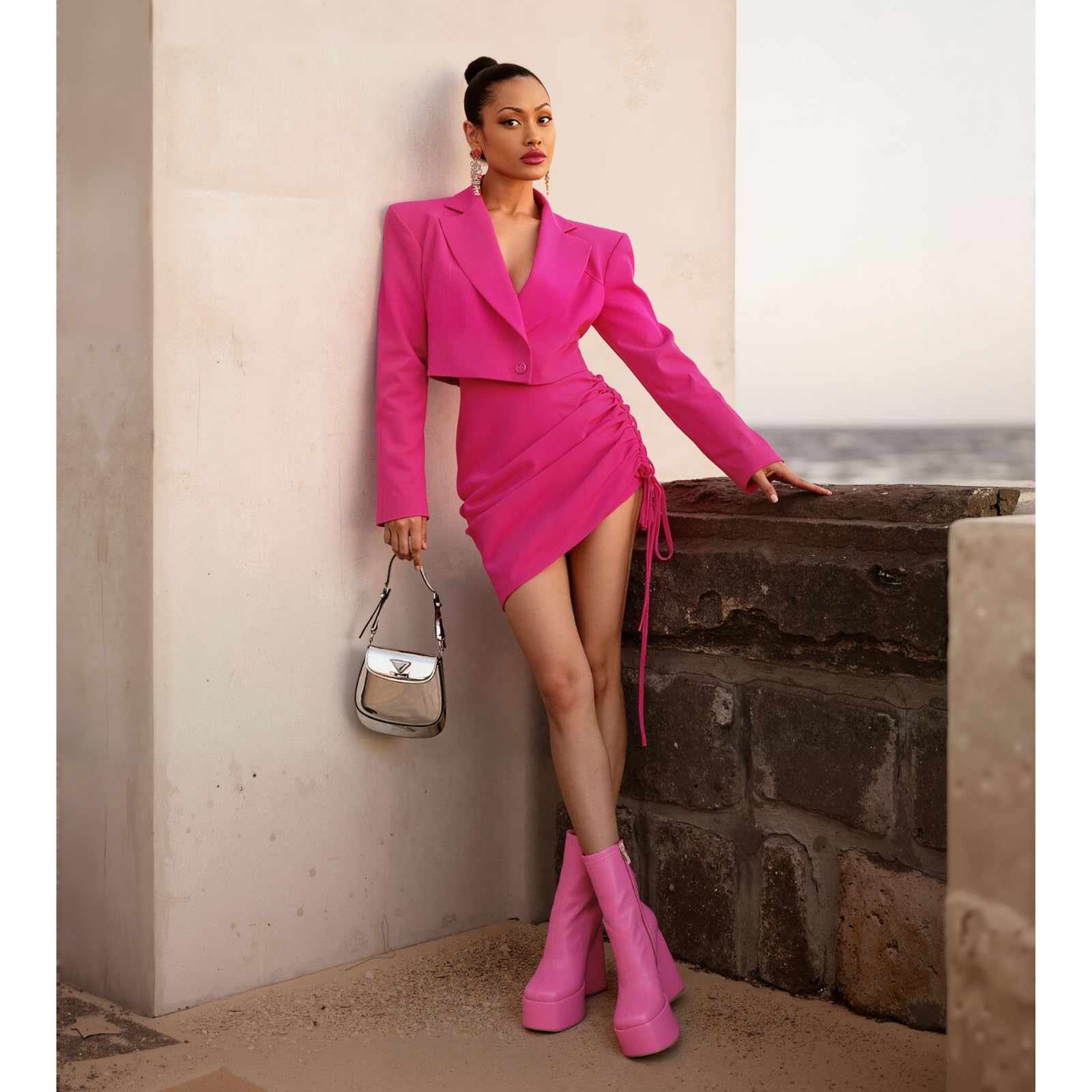 Uacllcau Platform Boots for Women Chunky High Heel Ankle Booties Square Toe Side Zipper Mid Calf Boots